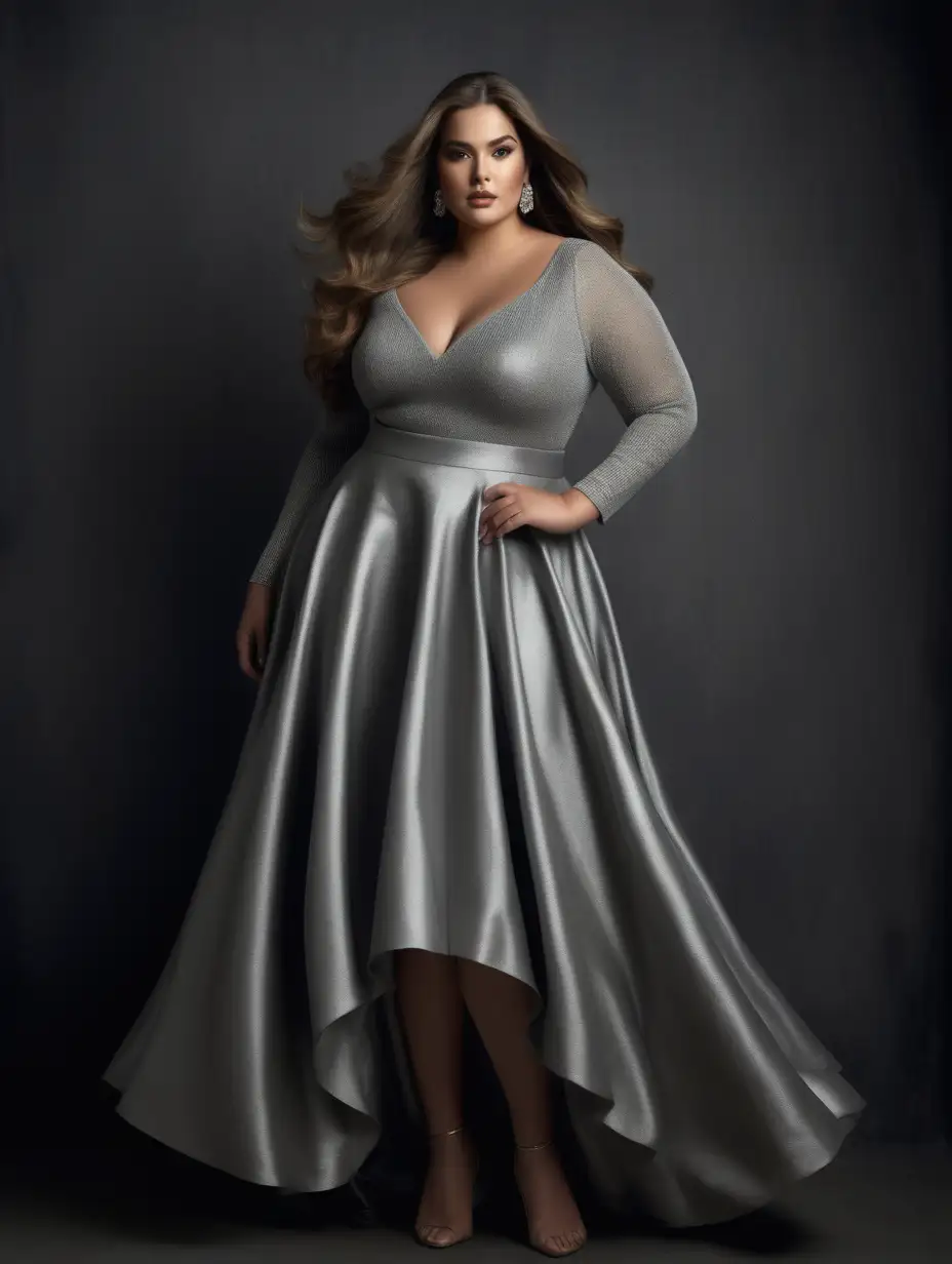 Stylish Vogue Photoshoot Sensual Plus Size Latina Model in Metallic Silver Evening Gown