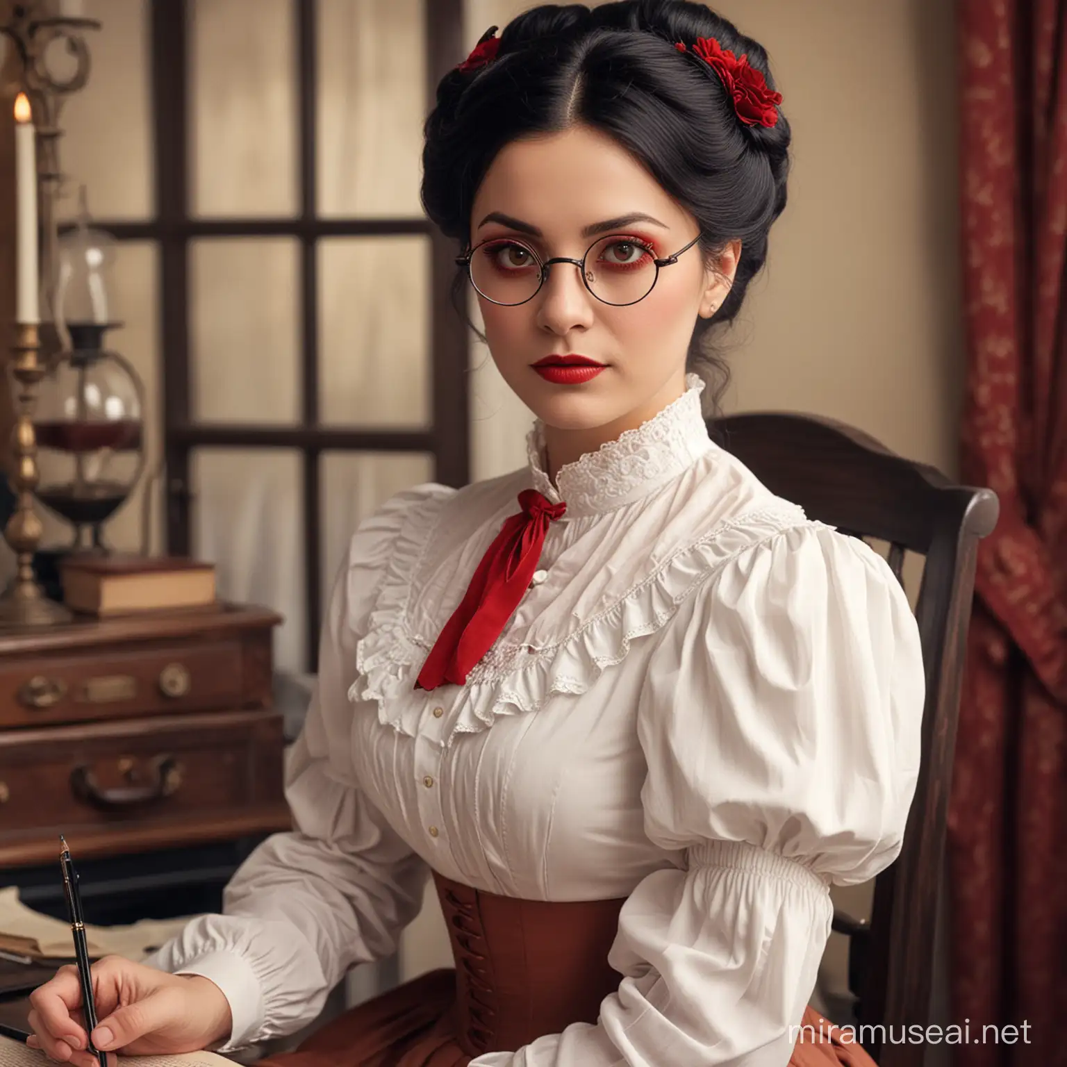 Victorian Lady, black hair in a typical victorian updo, red eyes, half-moon spectacles, white Victorian blouse, brown skirt, doctor.
