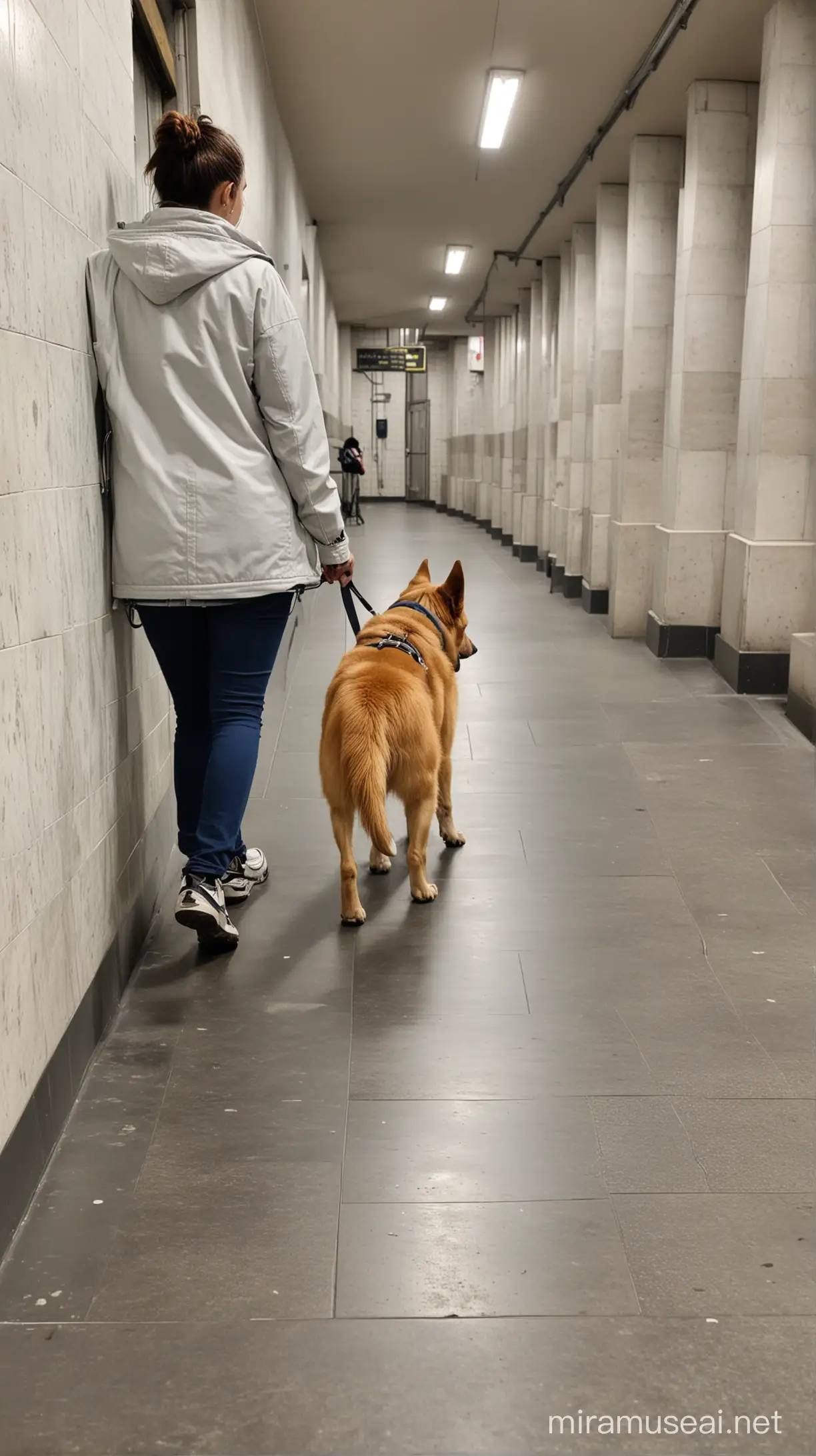 Dog walking in metro. Profile Side view.lll
