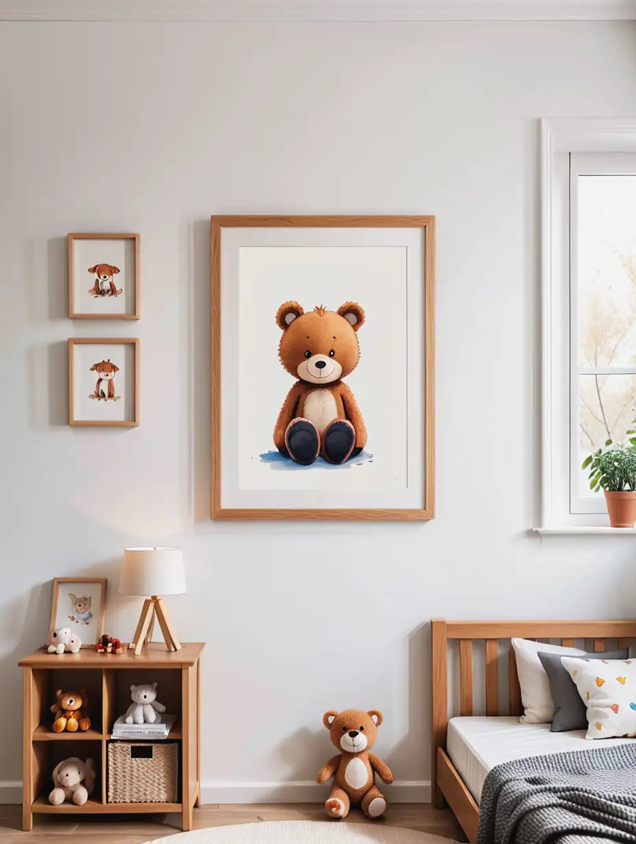 Interior Boys Room with Wooden Frame Picture on White Wall