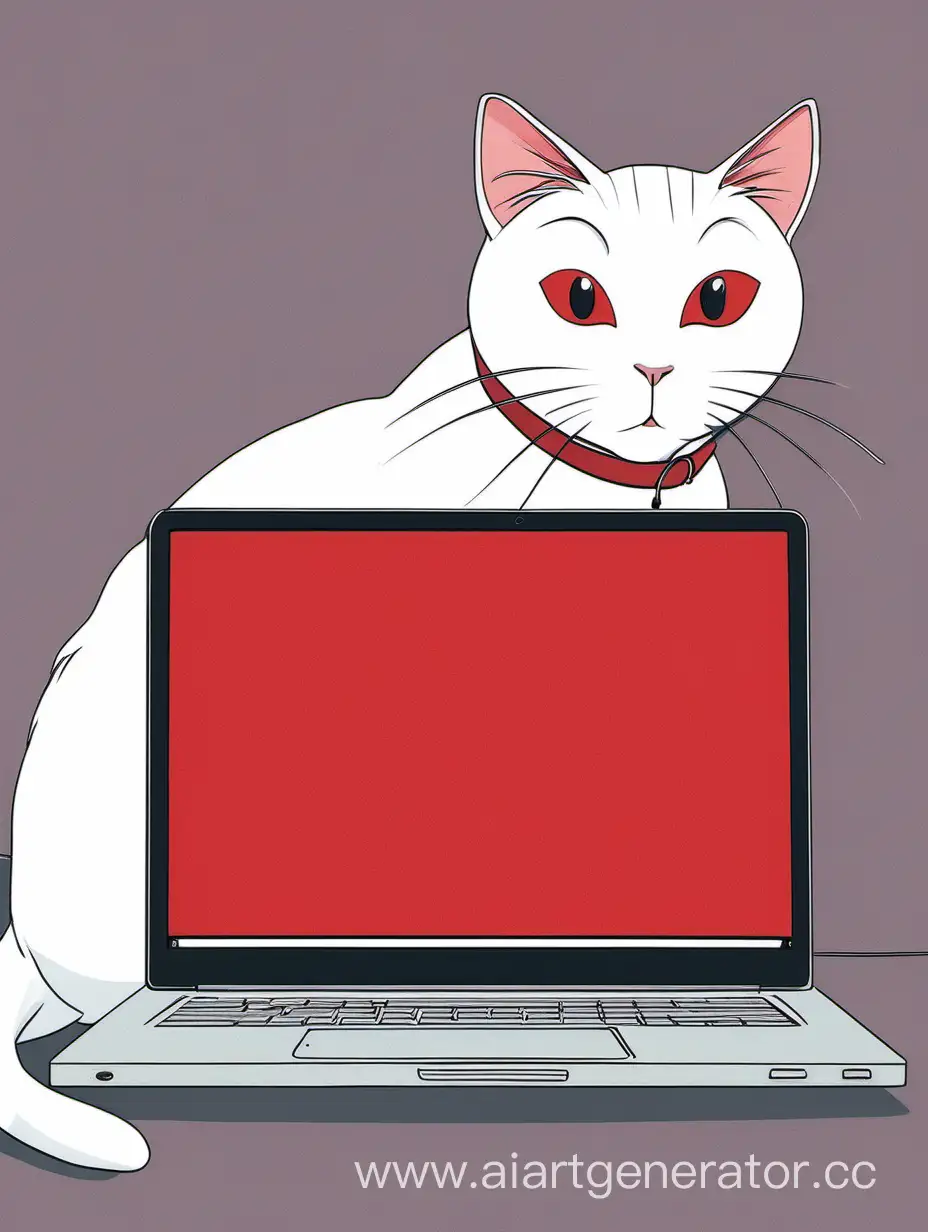 White-Cat-Relaxing-Behind-Red-Laptop