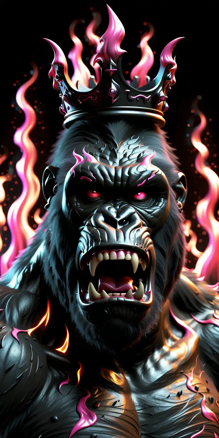 Angry scary Black 3D gorilla with pink 
flames and a black crown on his head 