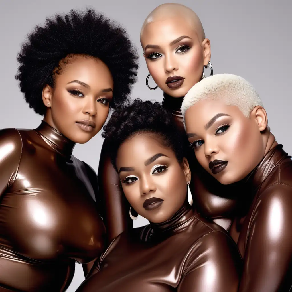 Three beautiful dark brown skin black women wearing platinum blonde bald hair. One of the woman is plus size. They are modeling a chocolate brown turtleneck tops. Wearing a soft pretty makeup look. One woman is wearing a chocolate colored dark lip gloss. Other two women are wearing a nude colored lip gloss.