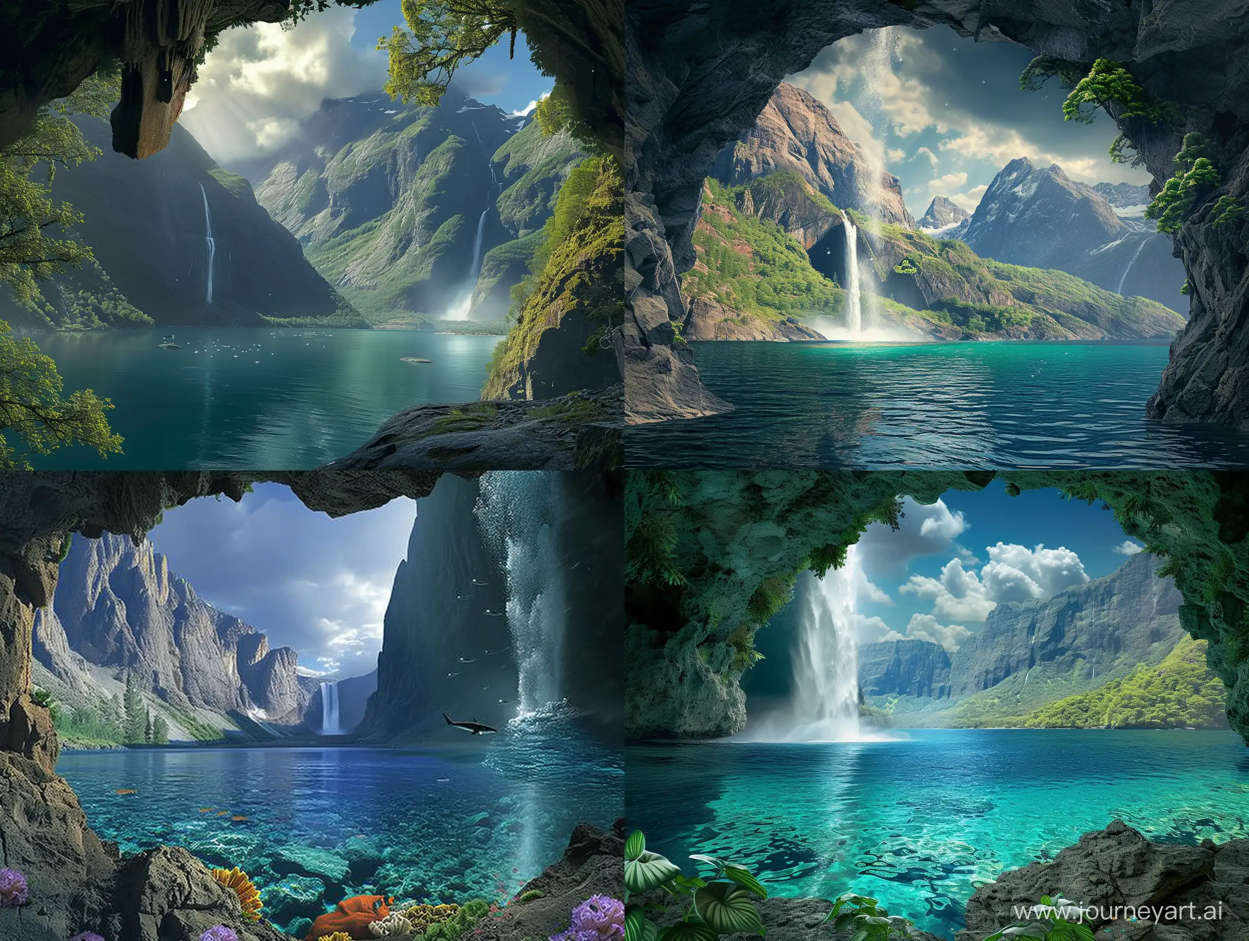Majestic-Fiord-with-Waterfall-Captivating-Underwater-Treasure-Cave-View