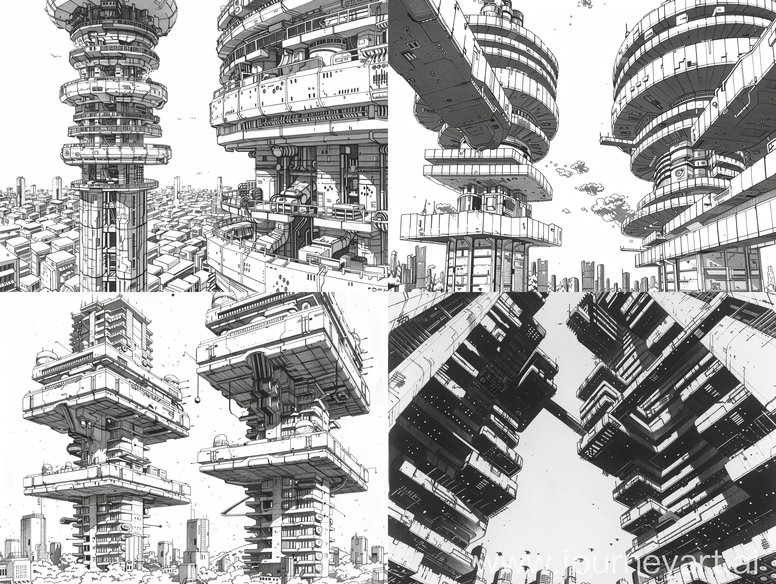 manga black and white drawing, background, perspective, sci fi city, two towers with overhanging terraced floors