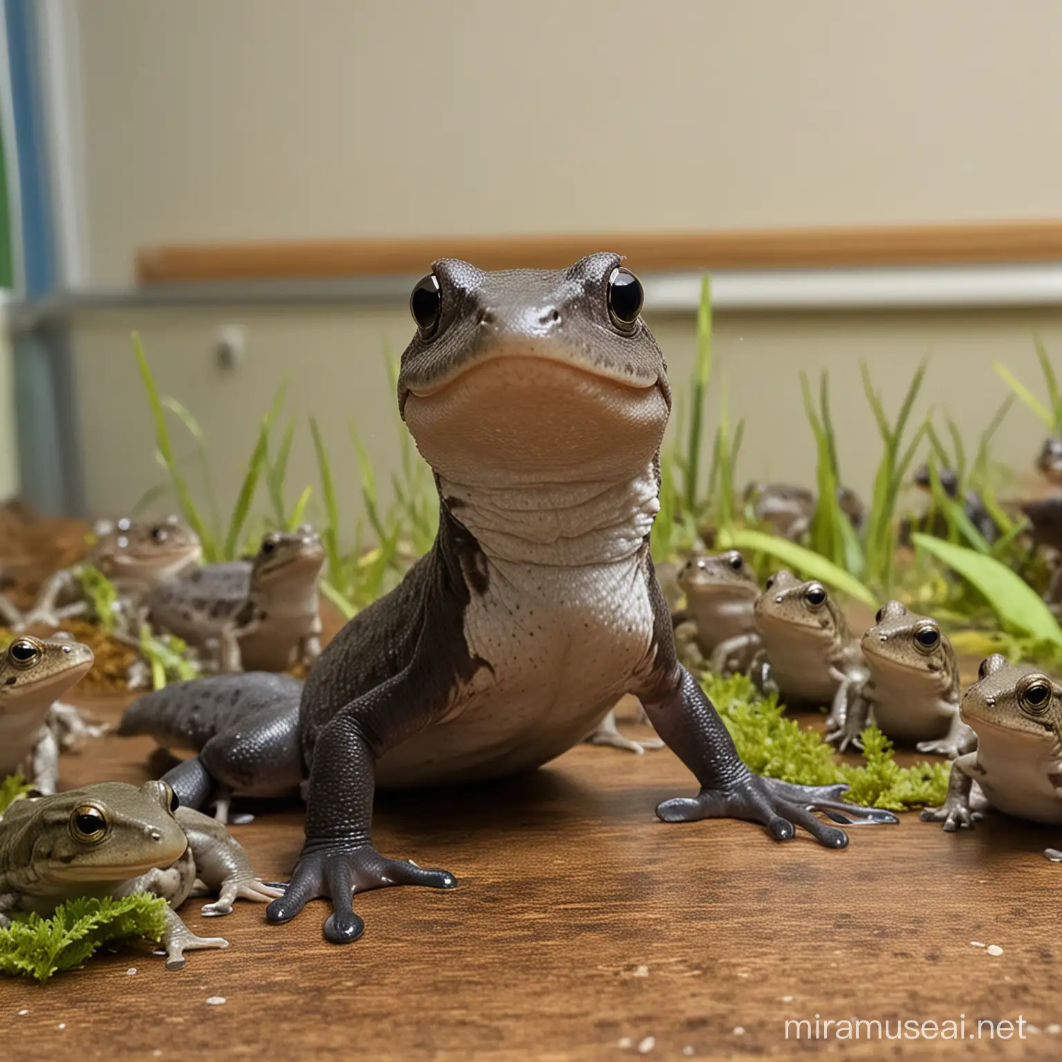 Water salamander posing as a teacher in front of a classroom with baby frog pupils.