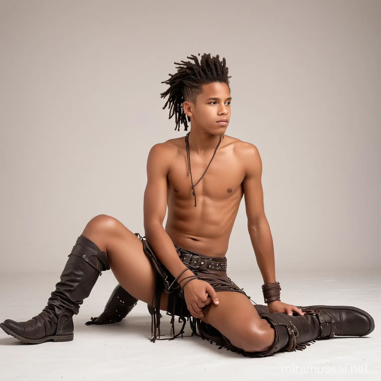 Youthful Warrior with Dreadlocks in Short Loincloth and Leather Boots