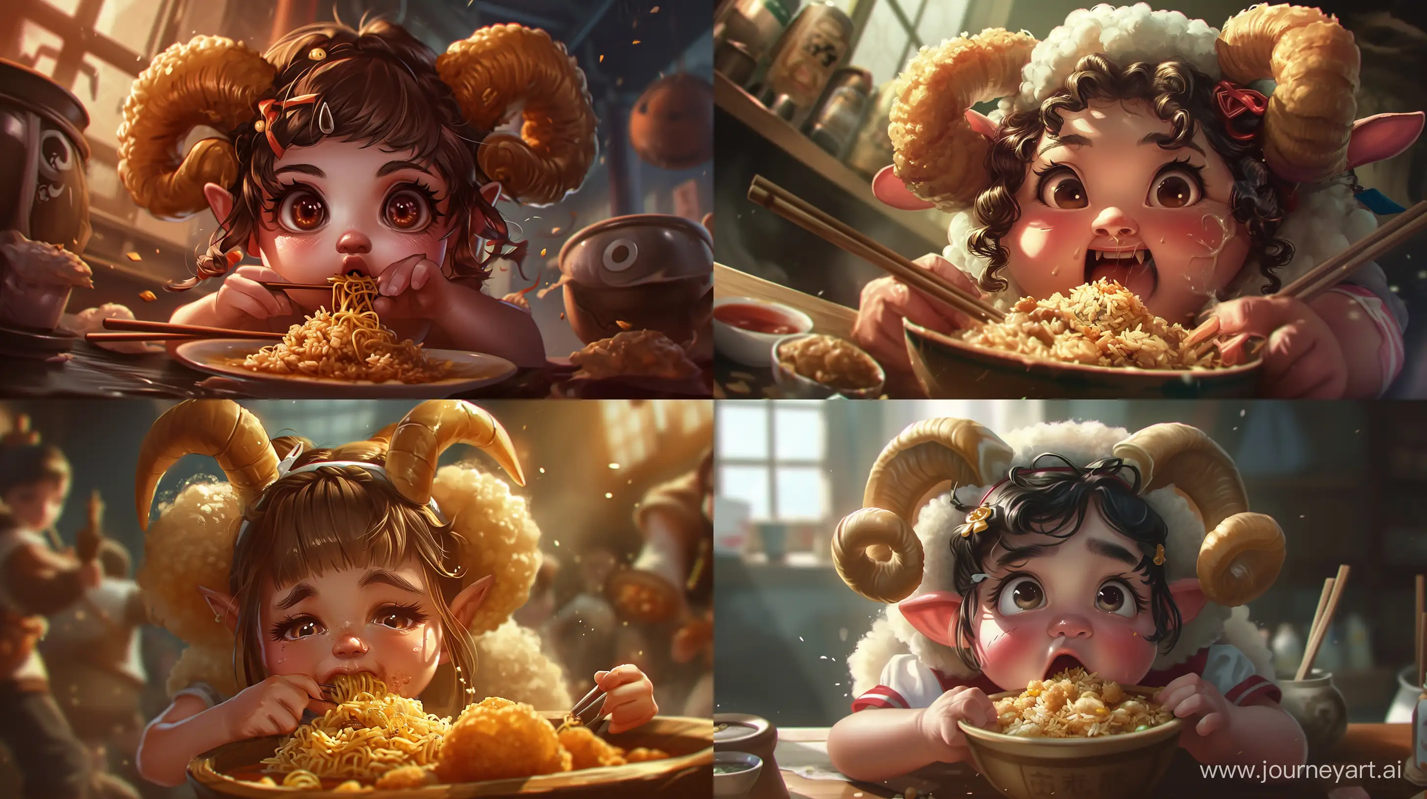 spalsh art, anime character, league of legend splash art, a chubby girl with round sheep horns is very hungry, she is eating ramen fried rice hungrily, best quality, dynamic shot, ultra detailed --ar 16:9 --q 2 --v 6