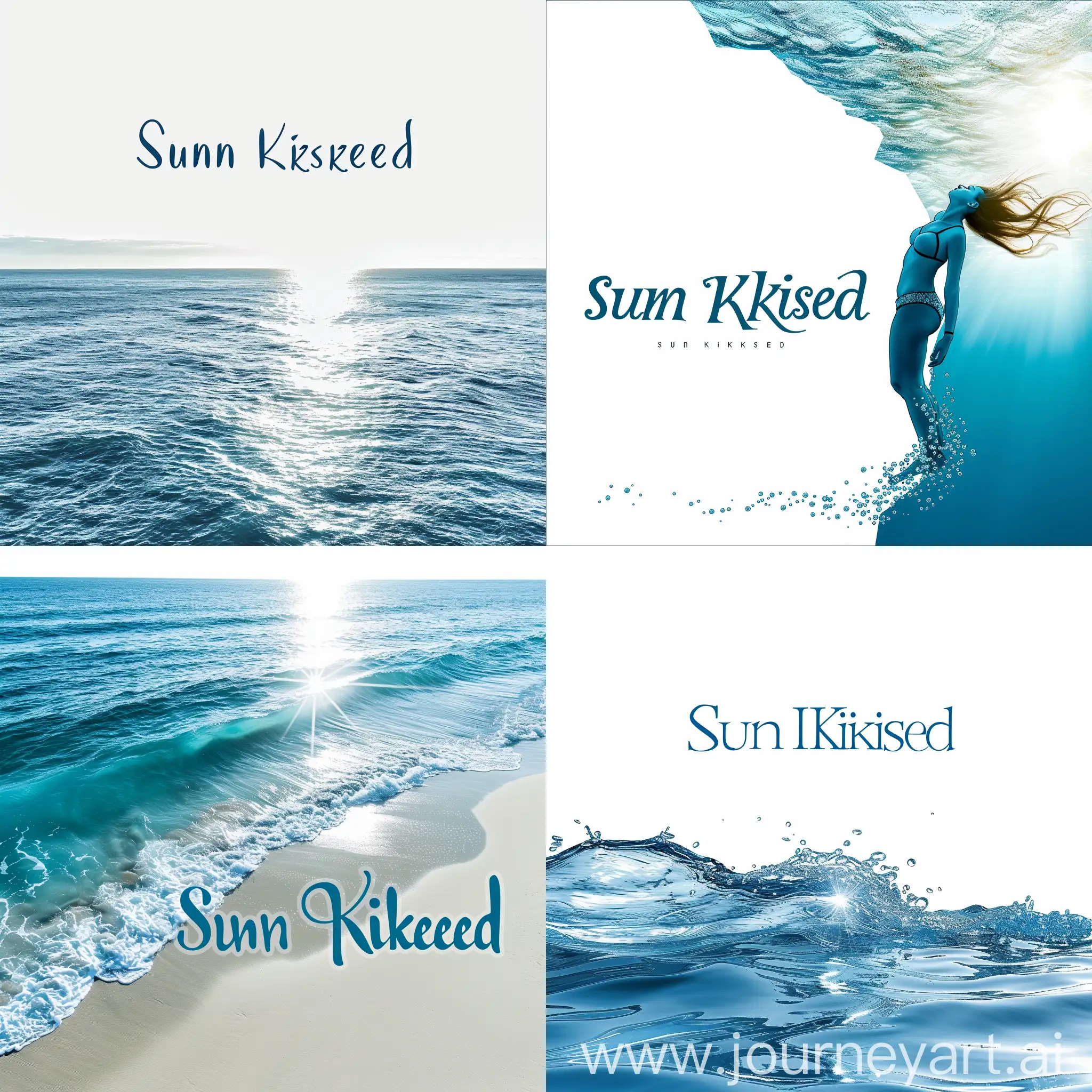 Capture the essence of Sun Kissed, a contemporary jewelry brand that draws inspiration from the majestic ocean. Craft a sleek logo in a captivating shade of blue, elegantly juxtaposed against a pristine white backdrop. Additionally, please incorporate the words "Sun Kissed" in a graceful and enchanting font.