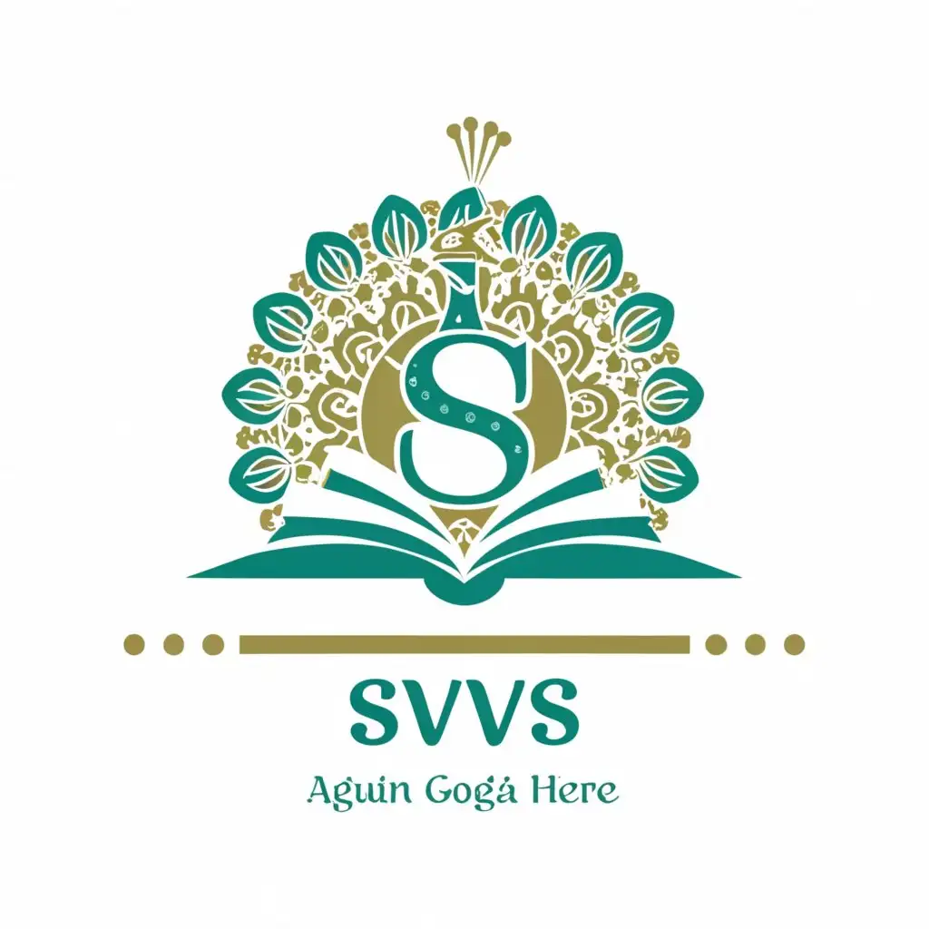 a logo design, with the text 'SVS', main symbol: Books in peacock mandala, Moderate, red color background with golden color text
