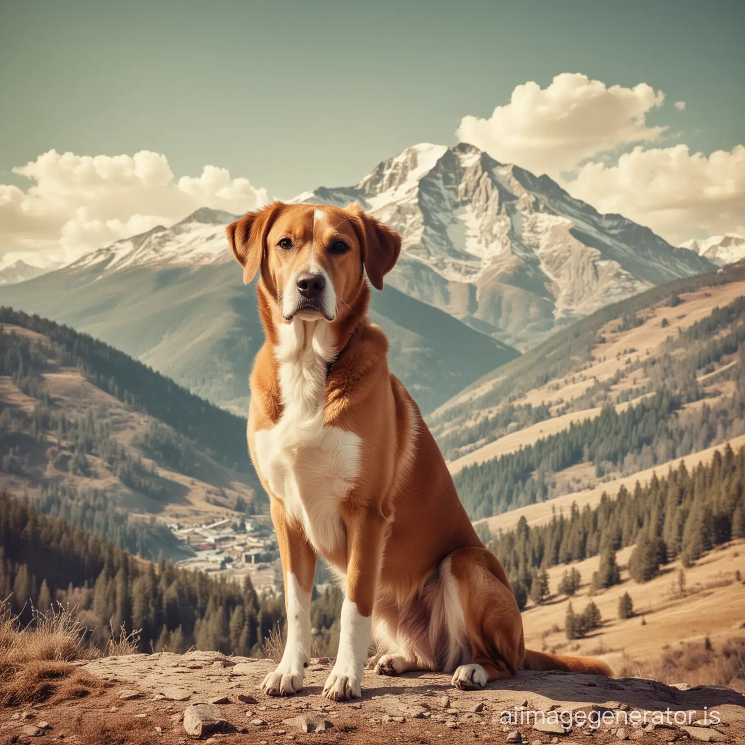 Dog with mountain behind retro image