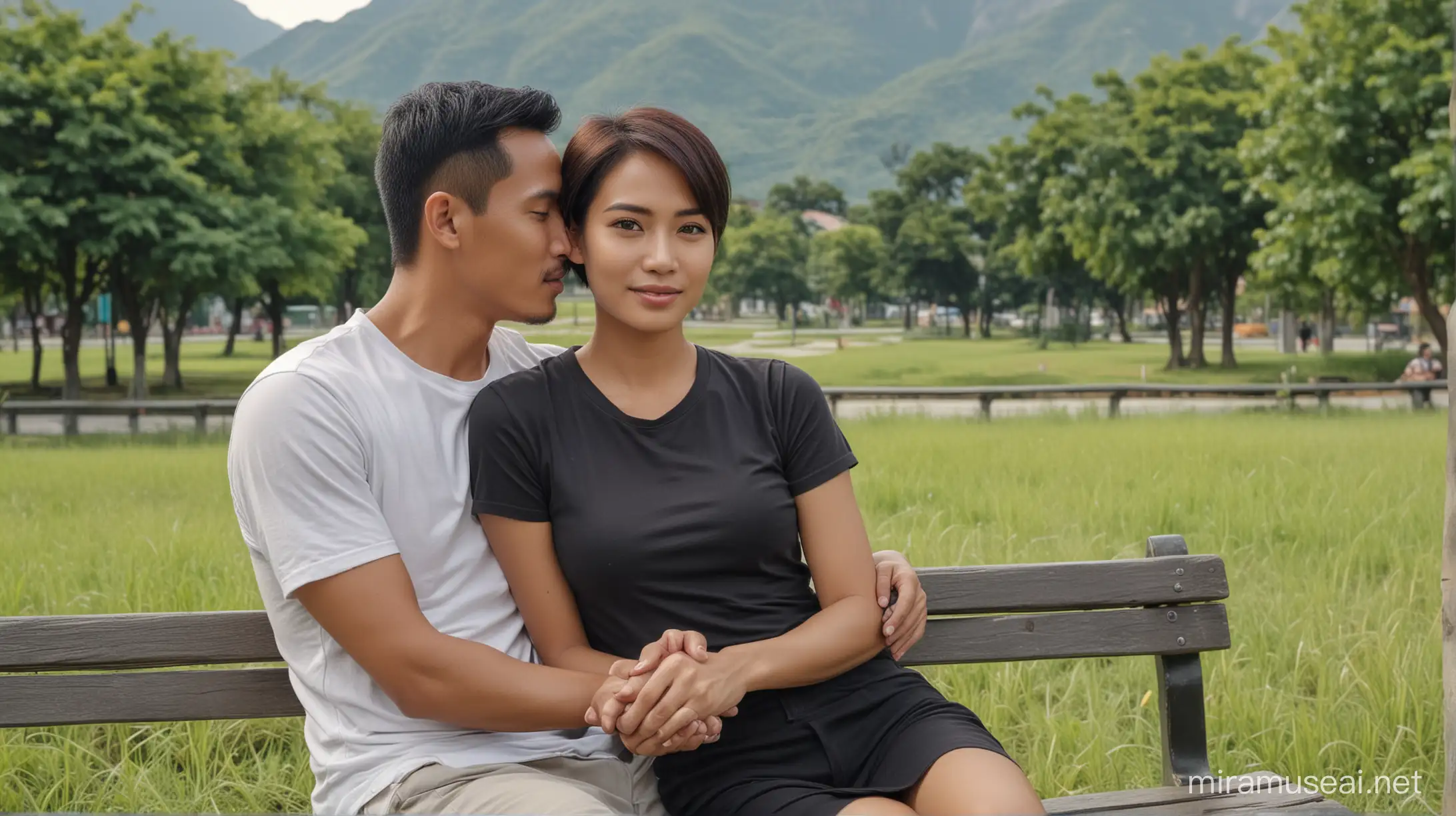 Romantic Embrace of Indonesian Man and High School Woman on Park Bench