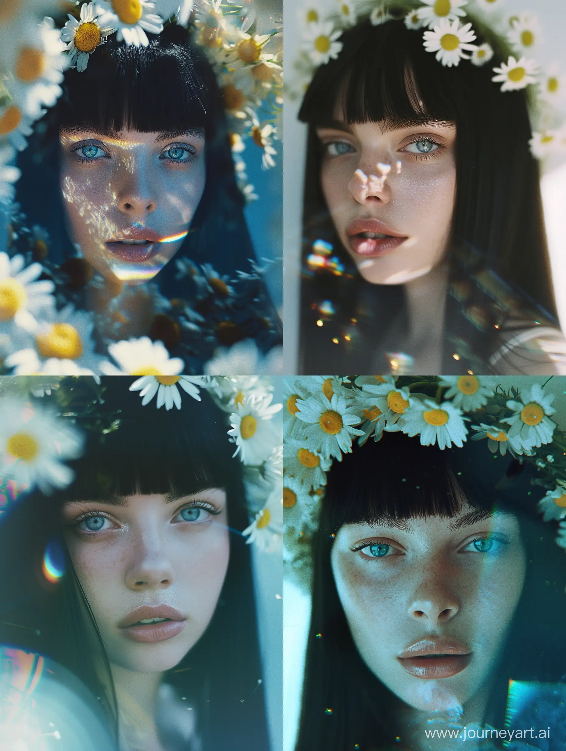 A woman with straight black hair, bangs, dark blue eyes, a wreath of daisies, photo through a prism, business 400 film