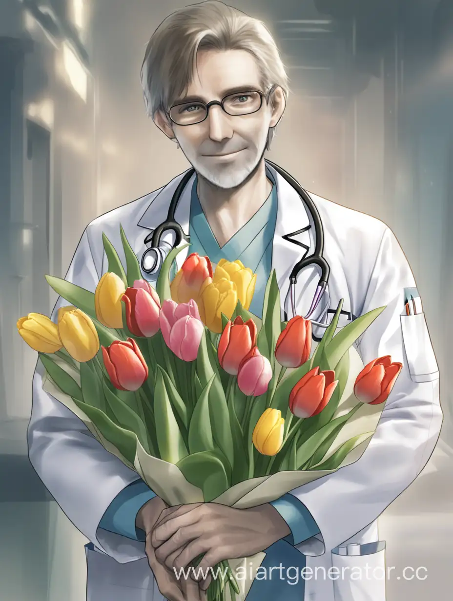 Мужчина врач держит в руке букет тюльпанов