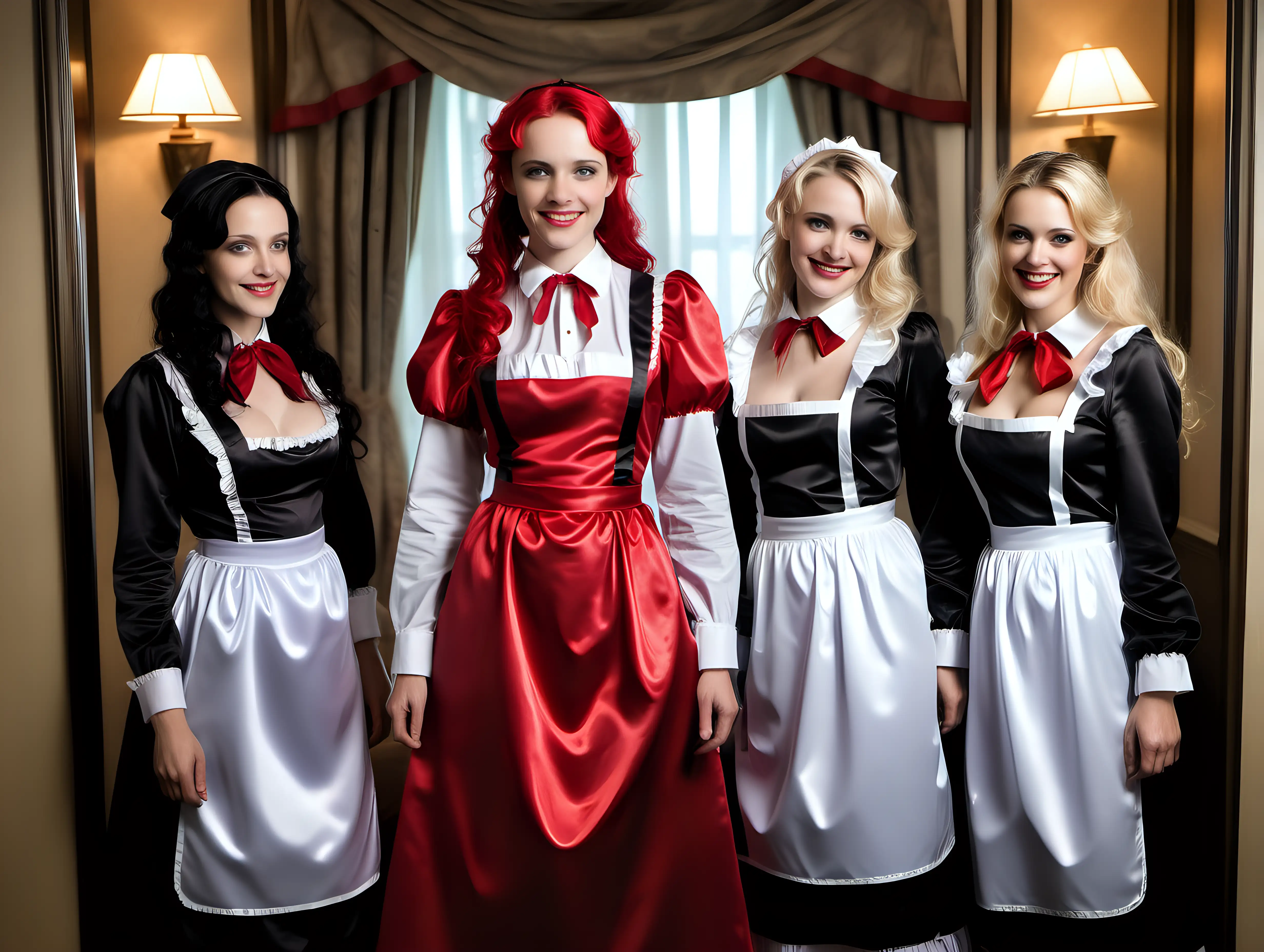 girls in long crystal silk satin red black,lila retro victorian maid gown with white apron and peter pan colar and long sleeves costume and milf mothers long blonde and red hair,black hair rachel macadams  smile in hotel