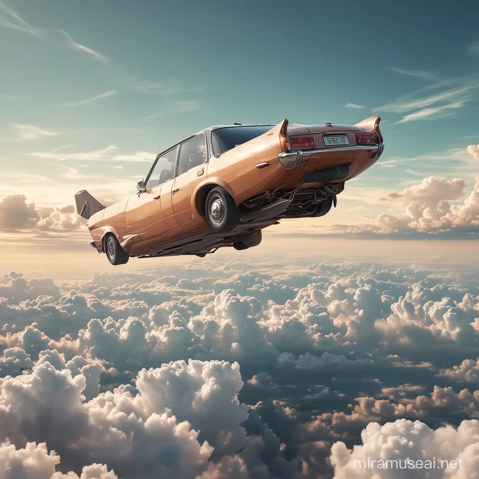 An imaginary car that flies in the sky by itself.