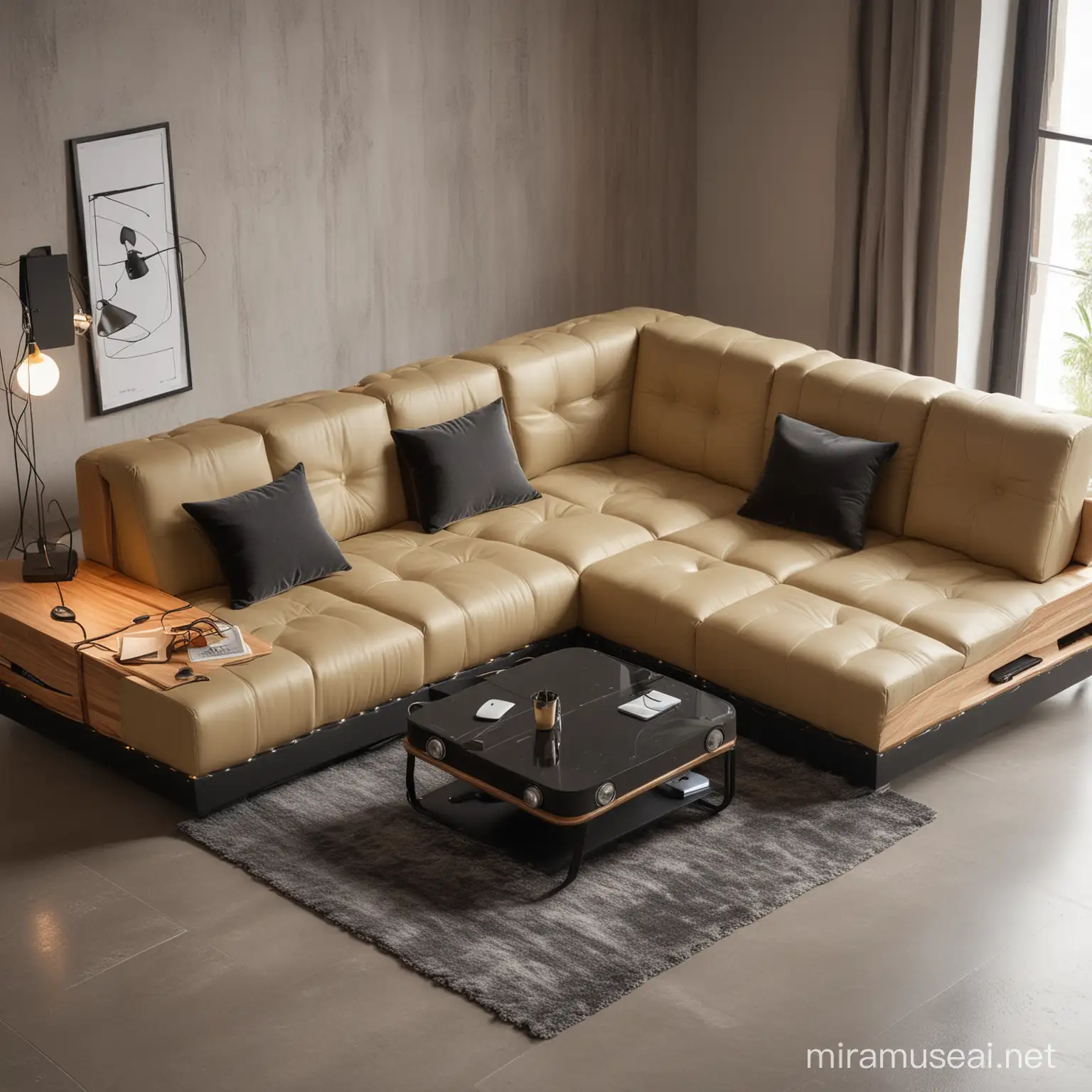 Futuristic Modular Sofa Set with Integrated Tech Features in a Luxury Villa