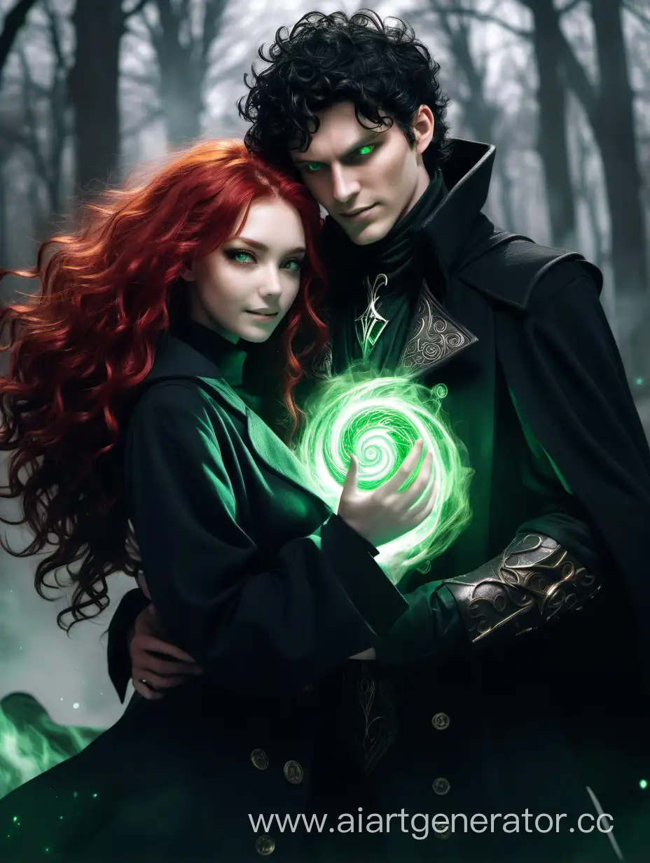 Рыжая и зеленоглазая девушка, обладающая магией стихий обнимает парня-чернокнижника в чёрном пальто и с чёрными кудрявыми волосами