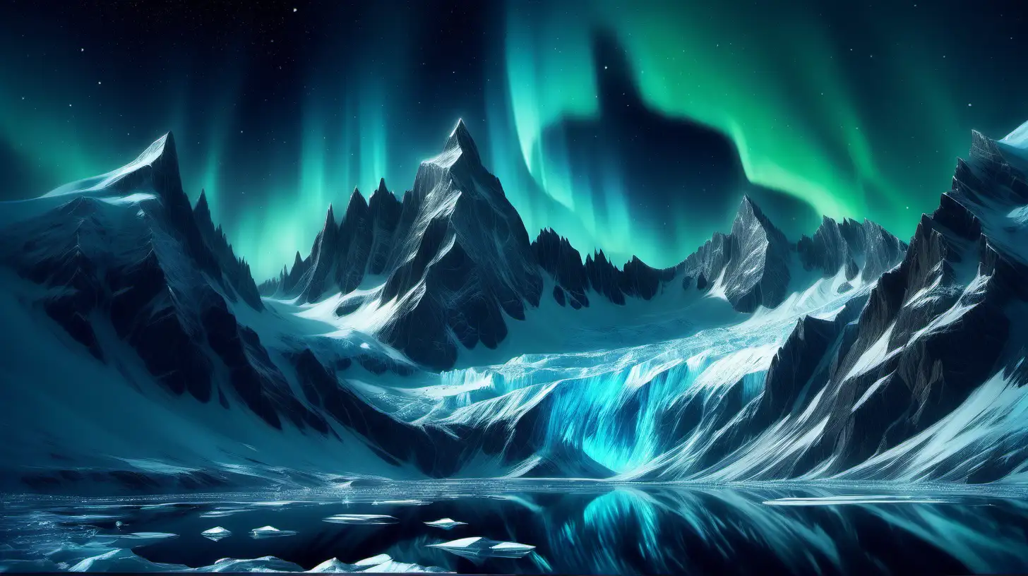 a realm of cold winter, with glowing mountain glaciers, night time sky, aurora