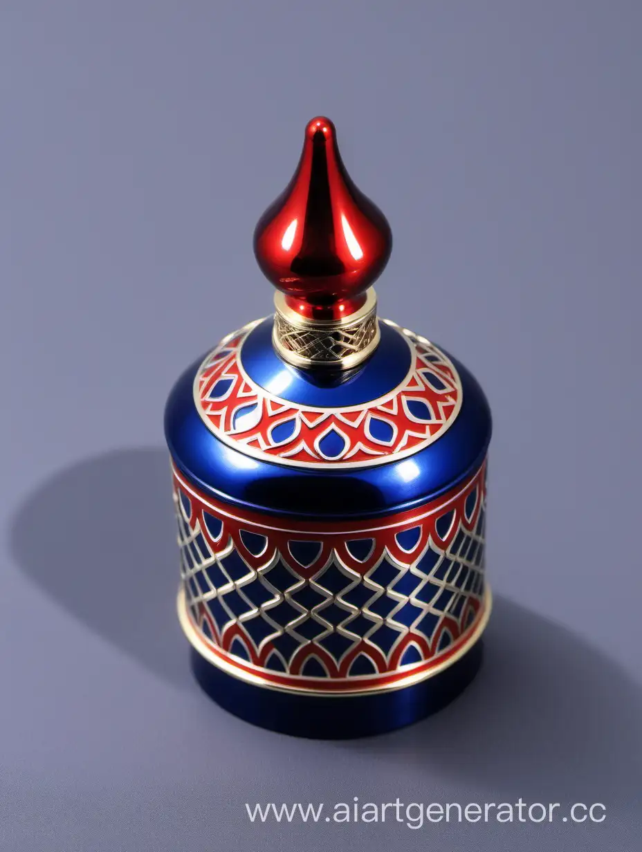 Shiny-Dark-Blue-Zamac-Perfume-Cap-with-Matt-Red-and-White-Border-Ornamental-Arabesque-Design