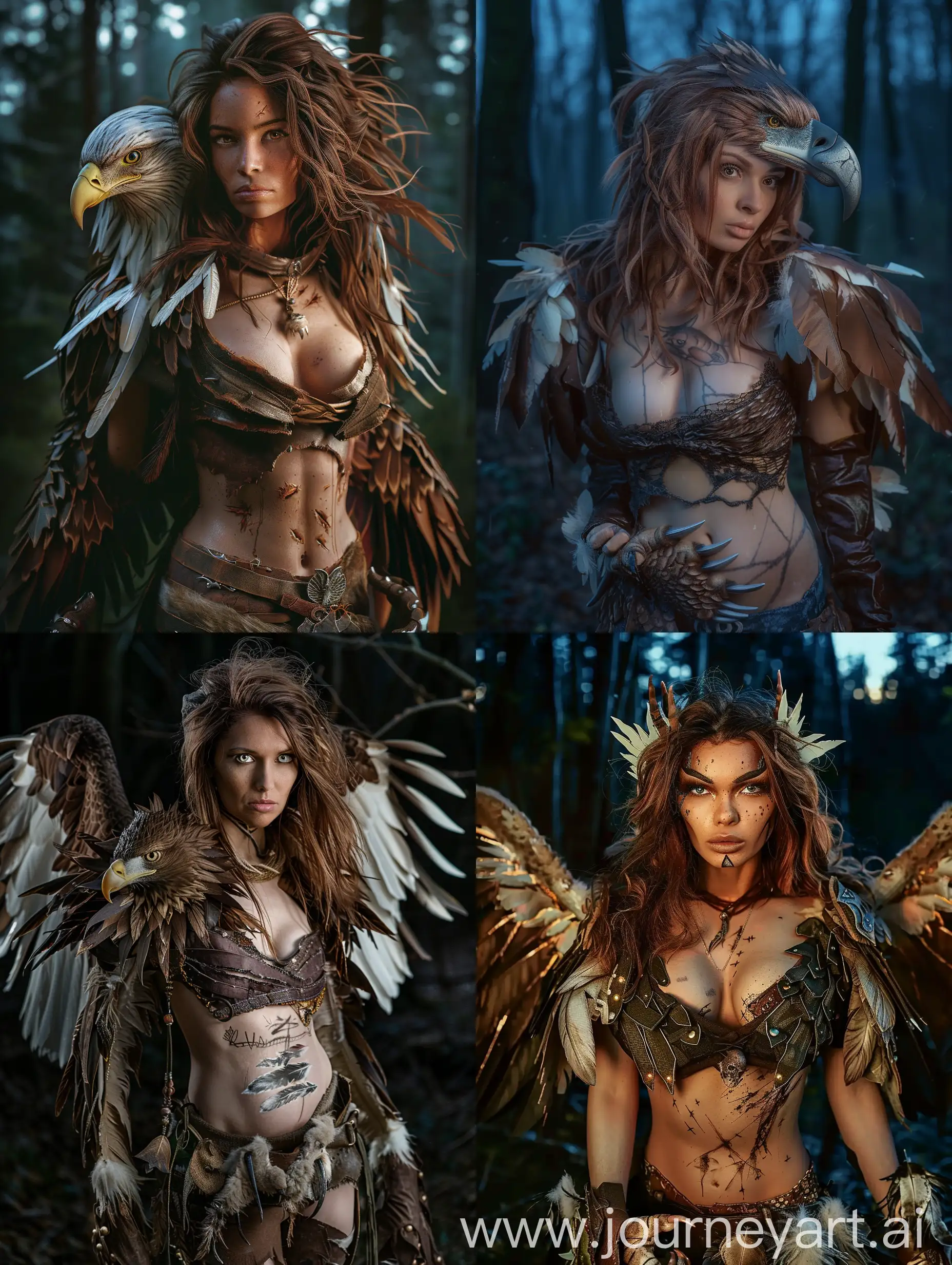 A magical hybrid between a woman and an eagle. She has loose brown hair and a chest. She has a beak, claws, wings and feathers. She is standing in a forest at night. Realistic photograph, full body picture
