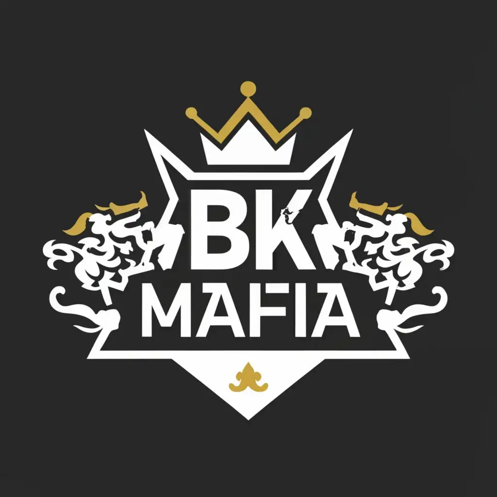 a logo design,with the text 'BK MAFIA', main symbol:King and background cars,Minimalistic,be used in Real Estate industry,black background