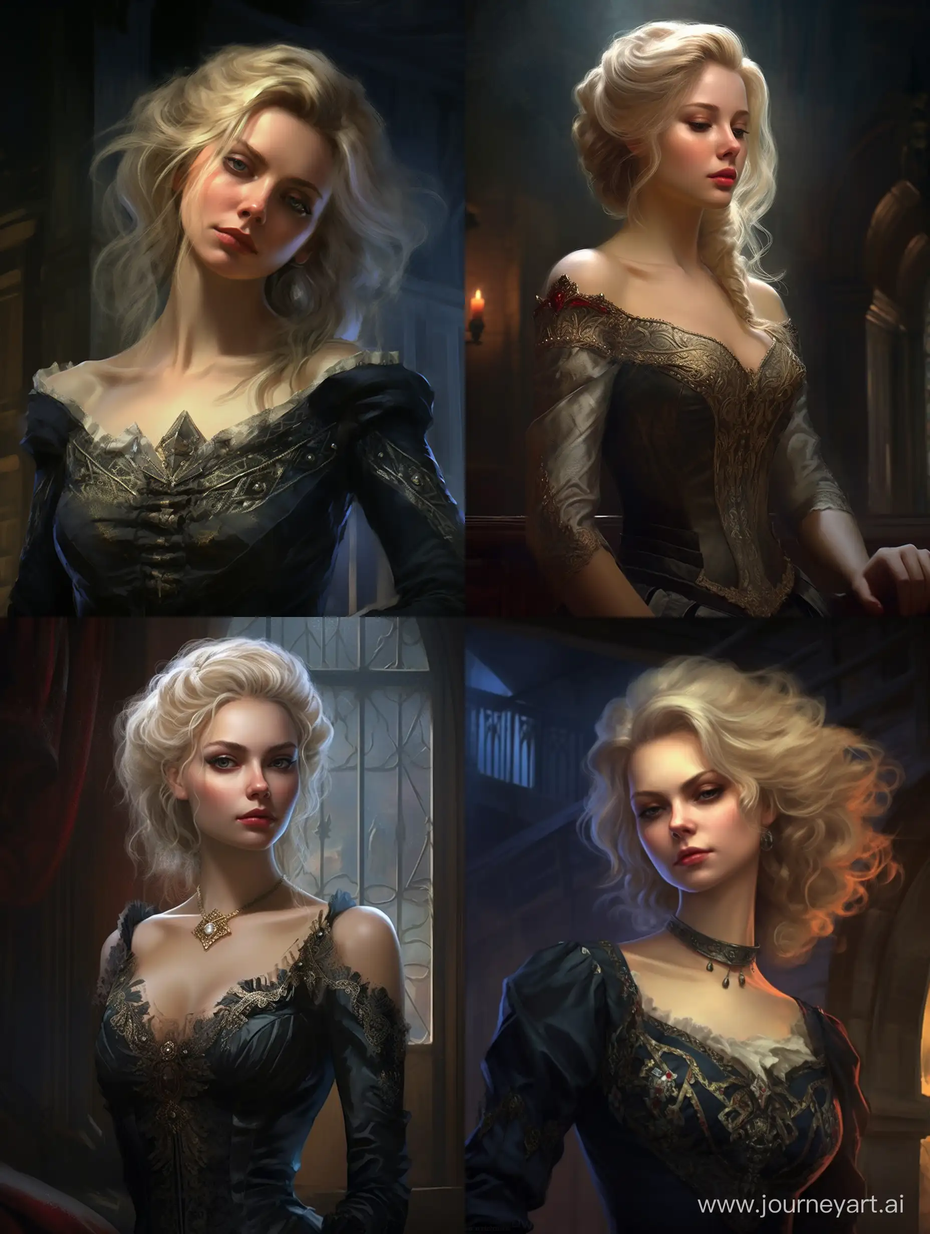 ..., handsome half body portrait of a beautiful well-formed lady, elegant posture, friendly but serious expression, full body, short blonde hair and large bust, cinematic lighting, dramatic side light, dark uniform background, by gaston bussiere, bayard wu, greg rutkowski, giger, maxim verehin