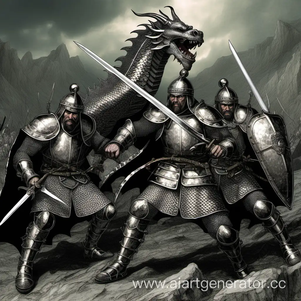3 богатыря в кольчуге мечом  отрубают голову дракону