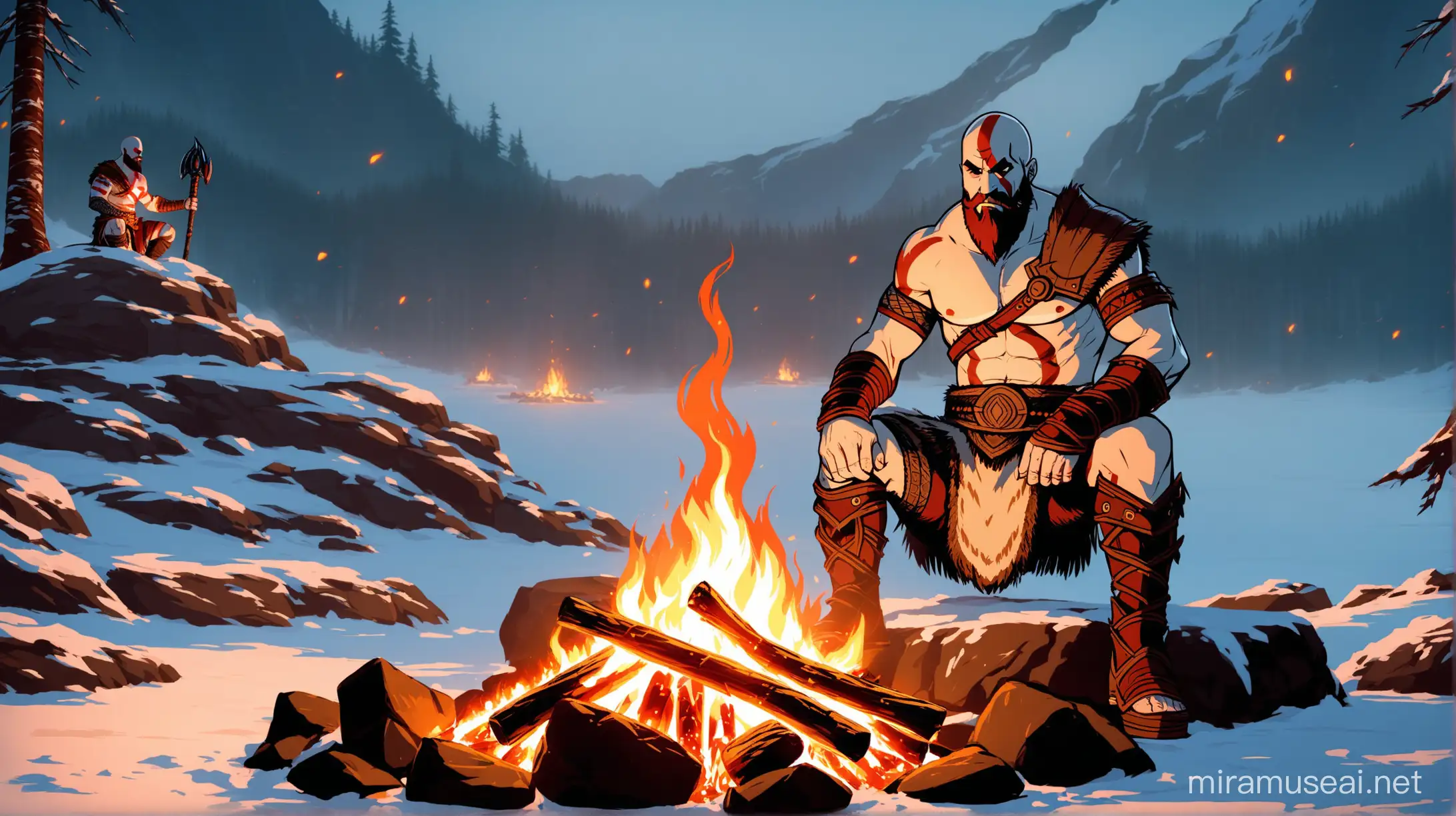 Kratos from God of War Ragnarok is sitting by a fire