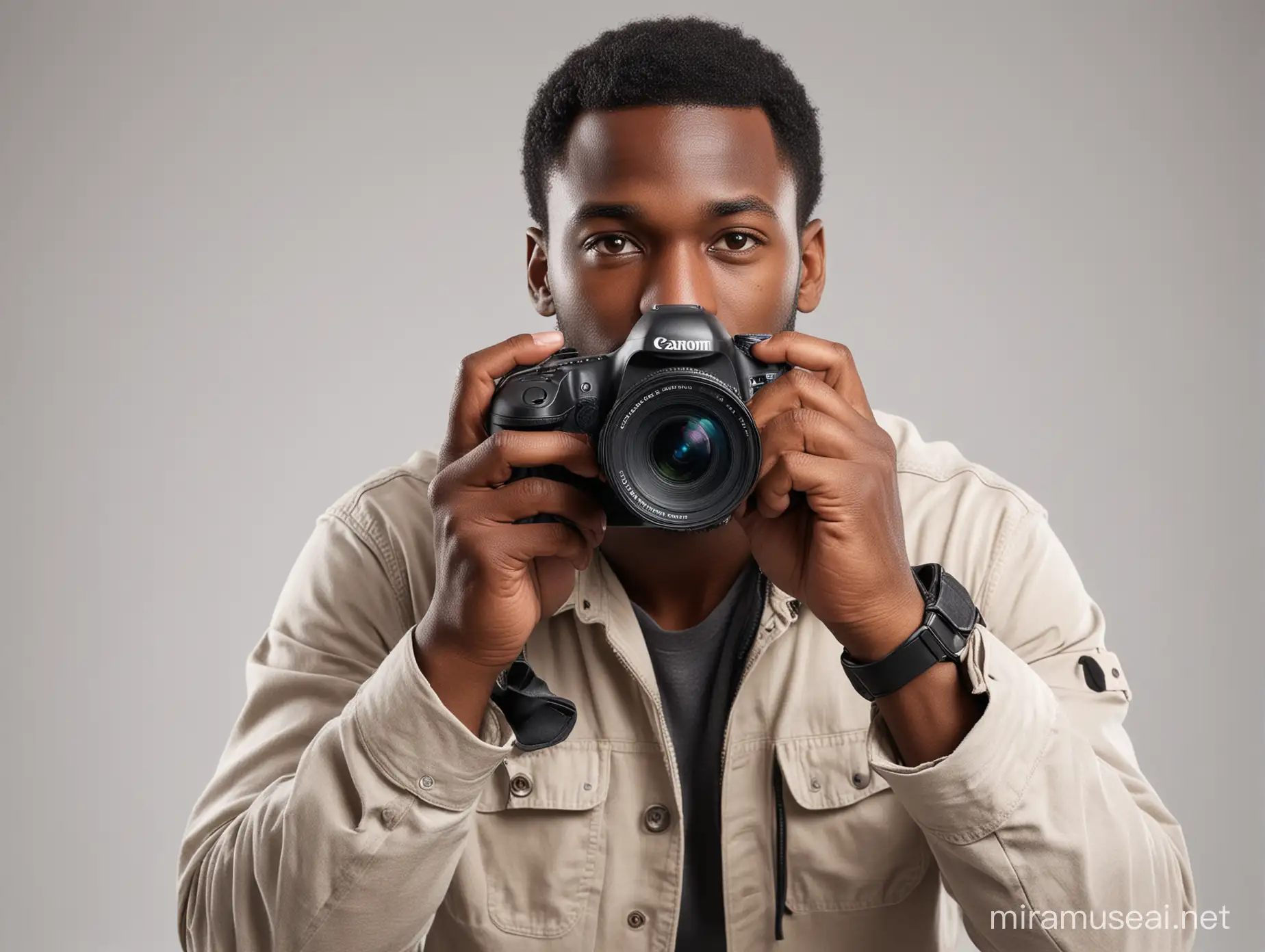 un homme noir, en train de prendre une photo, pris de face, avec son appareil photo canon 5D, style réaliste, sur un fond de studio blanc