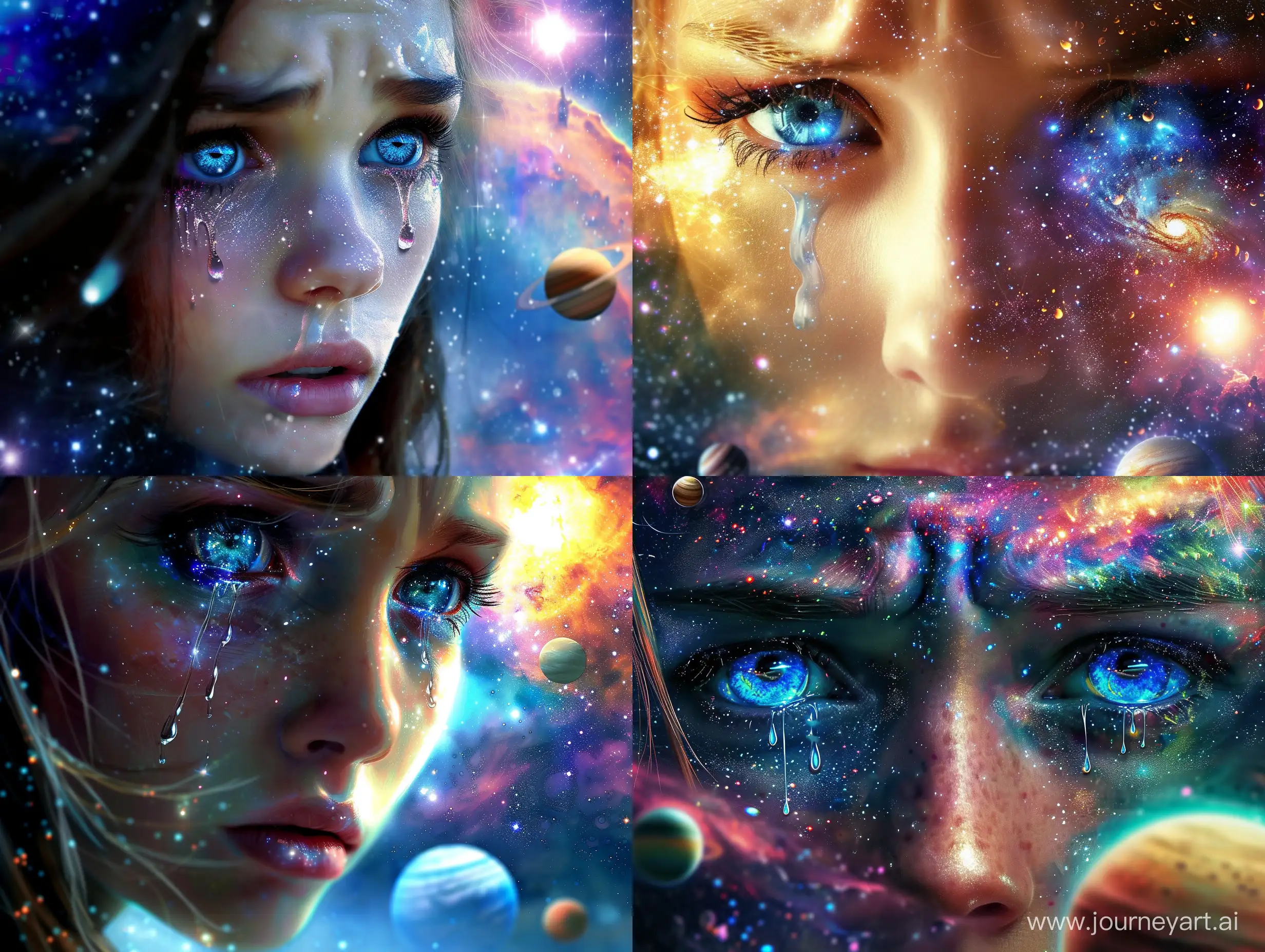 A beautiful sparkling female. Angel like, aquamarine blue eyes. Looking straight while tears fall from her eyes. Background is the colorful Nebulas and endless planets.