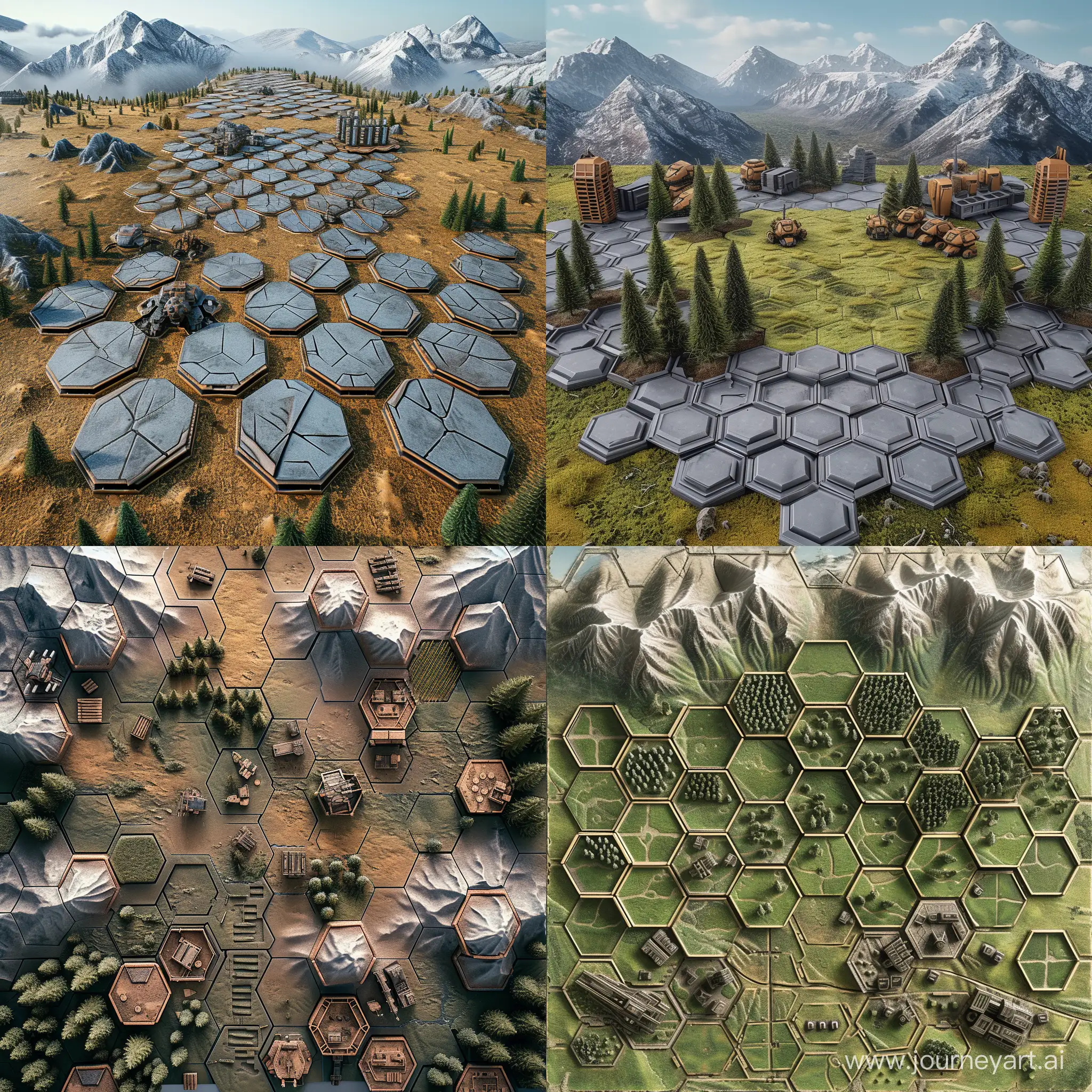 гексагоняльное поле для настольной игры Battletech, вид сверху, горы, поля, редкий лес, промышленные здания