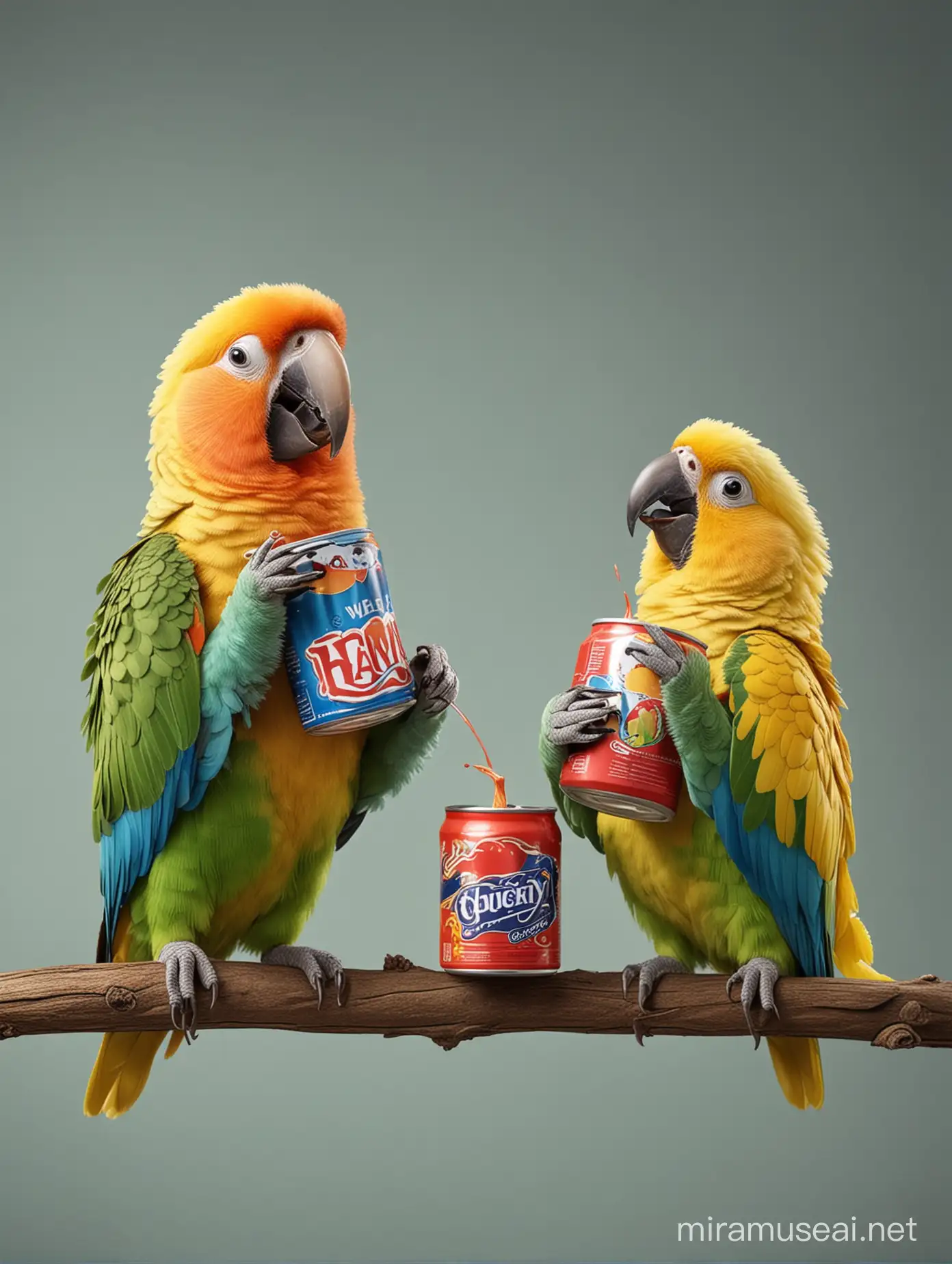two funny parrots cheering bear cans with wearing outfits on a branch 