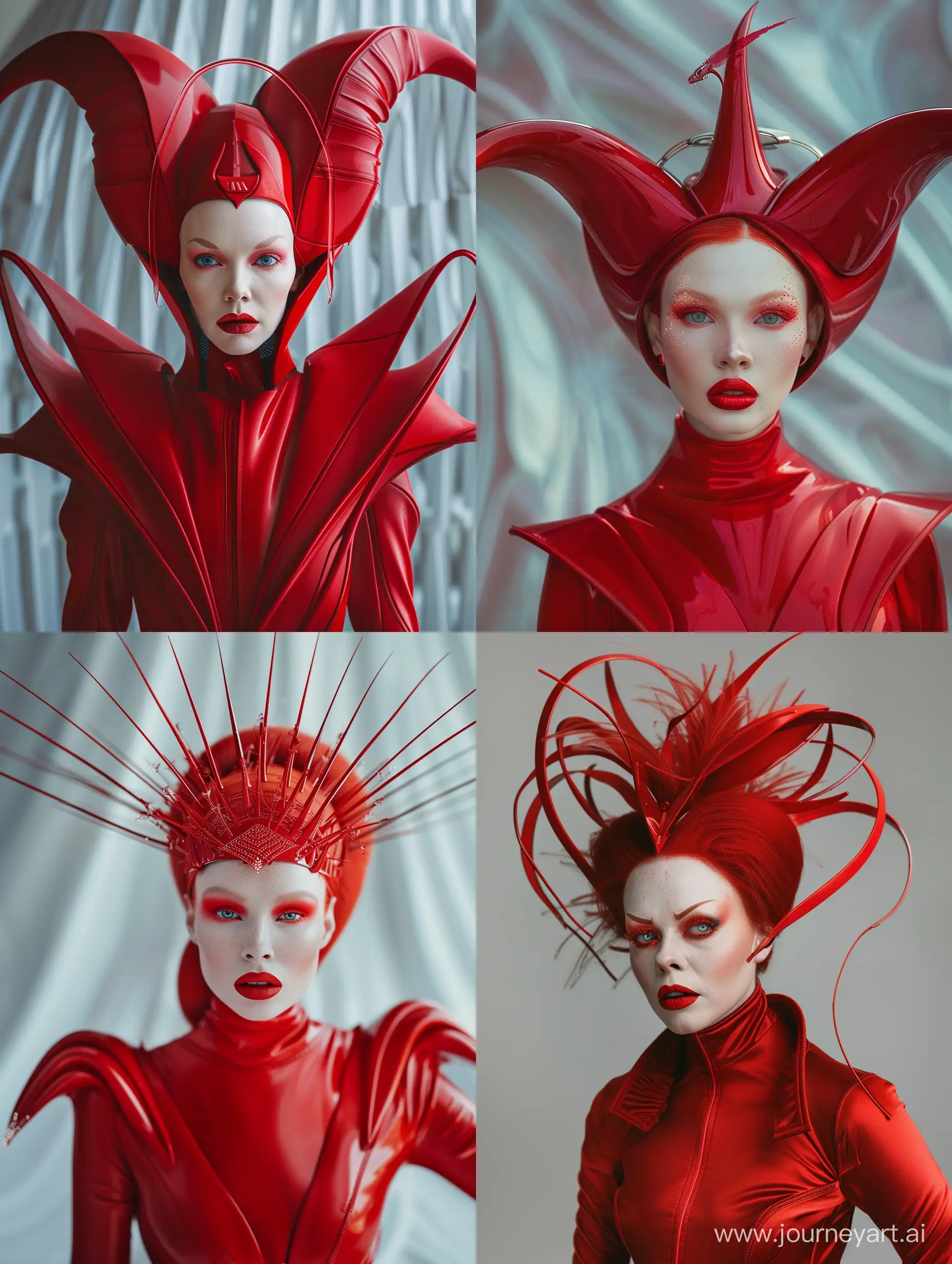 A beautiful redhead female pop artist all red sleek futuristic outfit, with huge headpiece center piece, clean makeup, with depth of field, fantastical edgy and regal themed outfit, captured in vivid colors, embodying the essence of fantasy, minimalist, film grain. V6