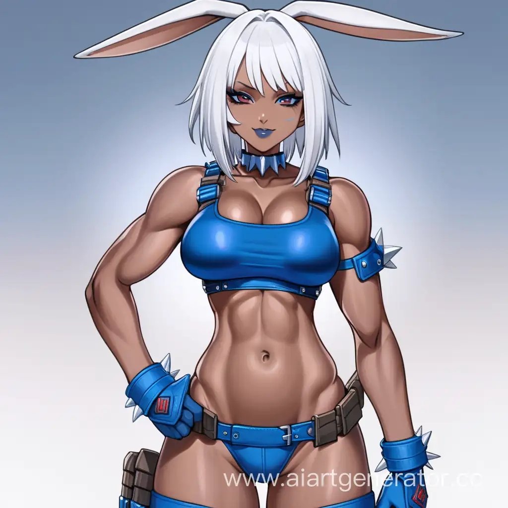 Field, 1 Person, Women, Human, White hair, Long Rabit Ears, Short hair, Spiky Hair style, Dark Brown Skin, Blue Full Body Suit, Blue Body Armor, Chocer,  Blue Liptsick, Serious smile, Big Breasts, Scarlet Red eyes, Sharp Eyes, Hard Abs, Toned Abs, Big Muscular Arms, Big Muscular Legs, Well-toned body, Muscular body, 