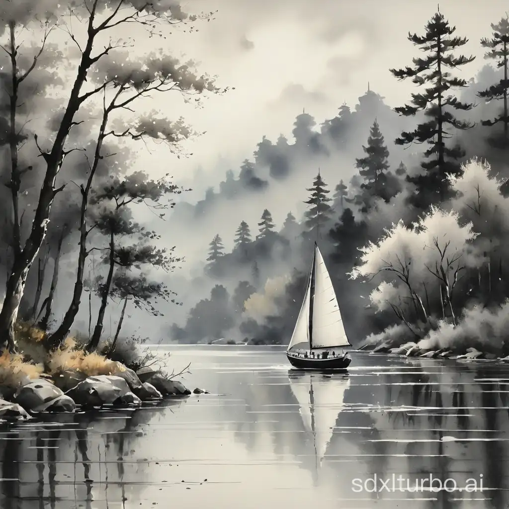 painting of a sailboat on a calm river with trees in the background, black and white watercolor, ink wash painting, serene illustration, sailing boat, ink wash, on the calm lake, sail boat on the background, sailboat, black and white painting, ship on lake, traditional chinese ink painting, artistic illustration, tranquil scene, artistic rendering, fine art sketch