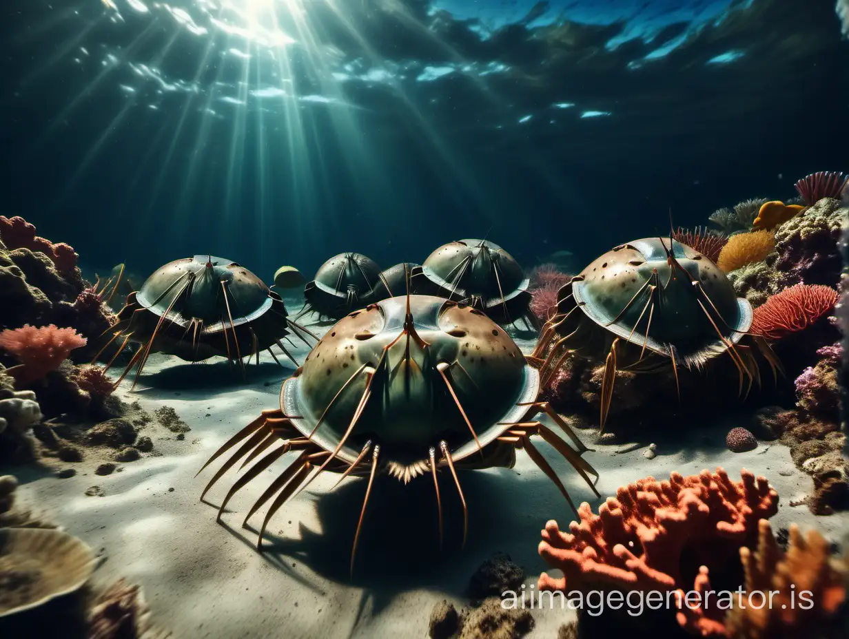 Underwater scene of horseshoe crabs swimming  about a coral reef, dramatic cinematic  lighting realistic colors