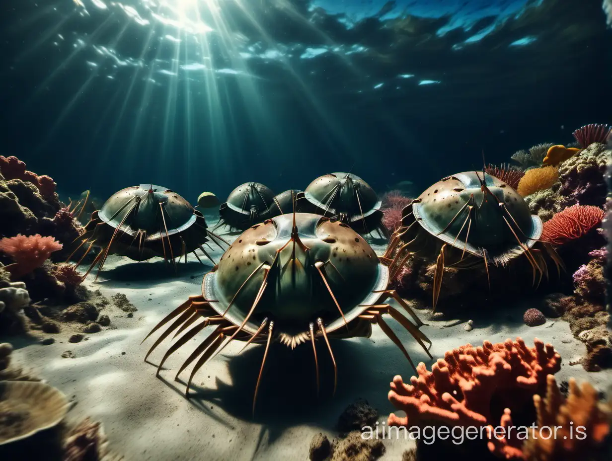 Underwater scene of horseshoe crabs swimming about a coral reef, dramatic cinematic lighting realistic colors