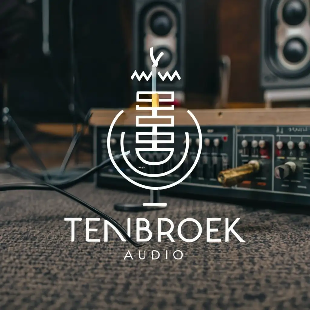 a logo design,with the text "TENBROEK AUDIO", main symbol:a lucious grande microphone on a stand in a studio with the cable running on the carpet to the studio rack in the background,complex,be used in Entertainment industry,clear background