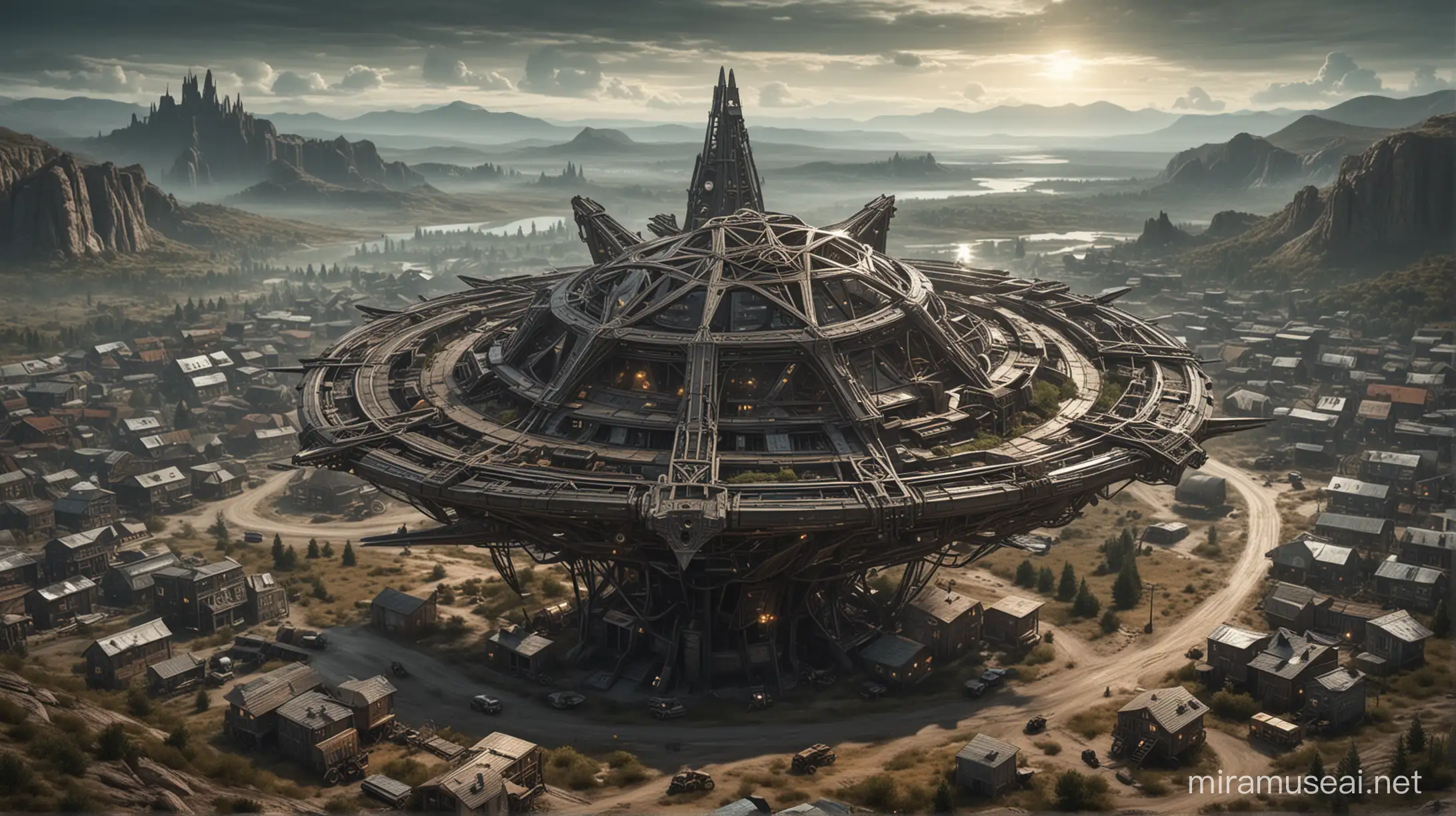 an alien interstellar ship in the form of a pentagram lands near a steampunk suburb in the wilderness.