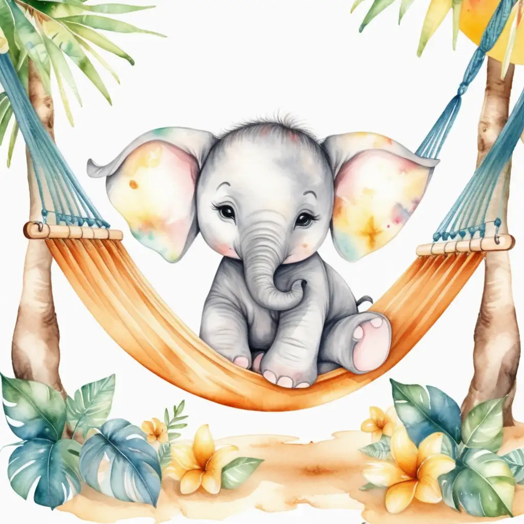 En söt elefantunge som ligger i en hängmatta, sommar, sol , med vattenfärg 