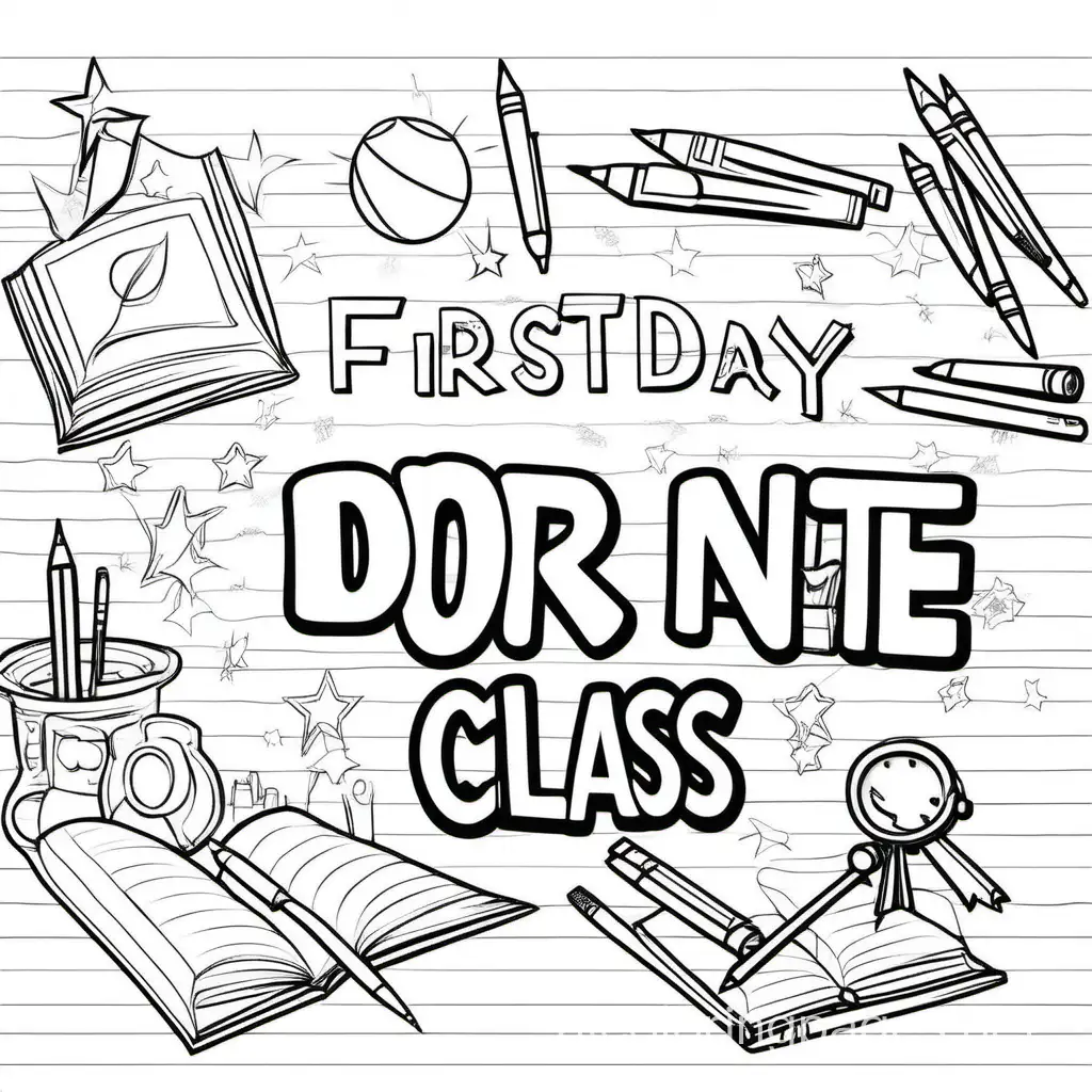 Generate a coloring Page with the following phrase: FIRST DAY OF CLASS., Coloring Page, black and white, line art, white background, Simplicity, Ample White Space. The background of the coloring page is plain white to make it easy for young children to color within the lines. The outlines of all the subjects are easy to distinguish, making it simple for kids to color without too much difficulty