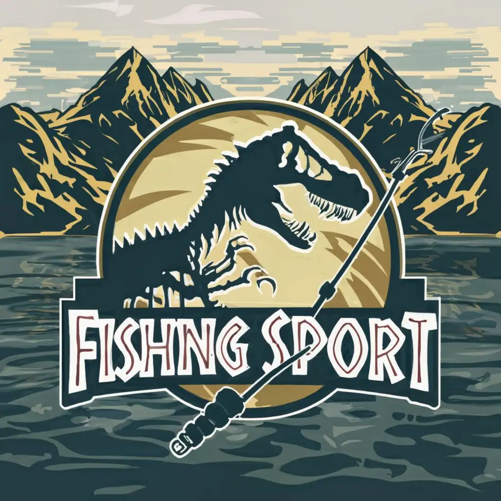 logo, Abstract dragon fishing on the background of mountains in the style of Jurassic Park, with the text "fishing sport", typography, be used in Sports Fitness industry