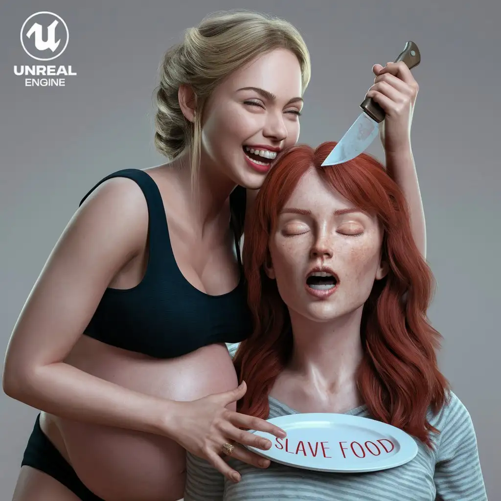 3d ultra realist resolution render, unreal engine render image portrait of blond young twenty girl russian women pregnant high laughing kissing and knifing a head of redhead young women twenty girl head eyes and mouth closed fixed on plate, head write "slave food".