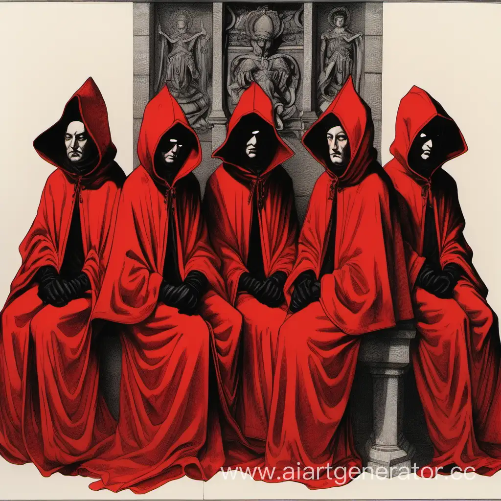 Six figures, dressed in red long cape and hood, with black gloves, 
their faces are not visible, they are sitting on the high thrones