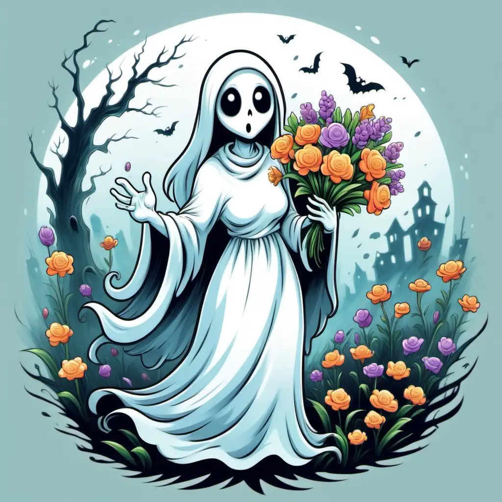 Ghost Spring. The ghost has a beautiful bouquet of flowers in her hands.  You have to draw it as a cartoon.