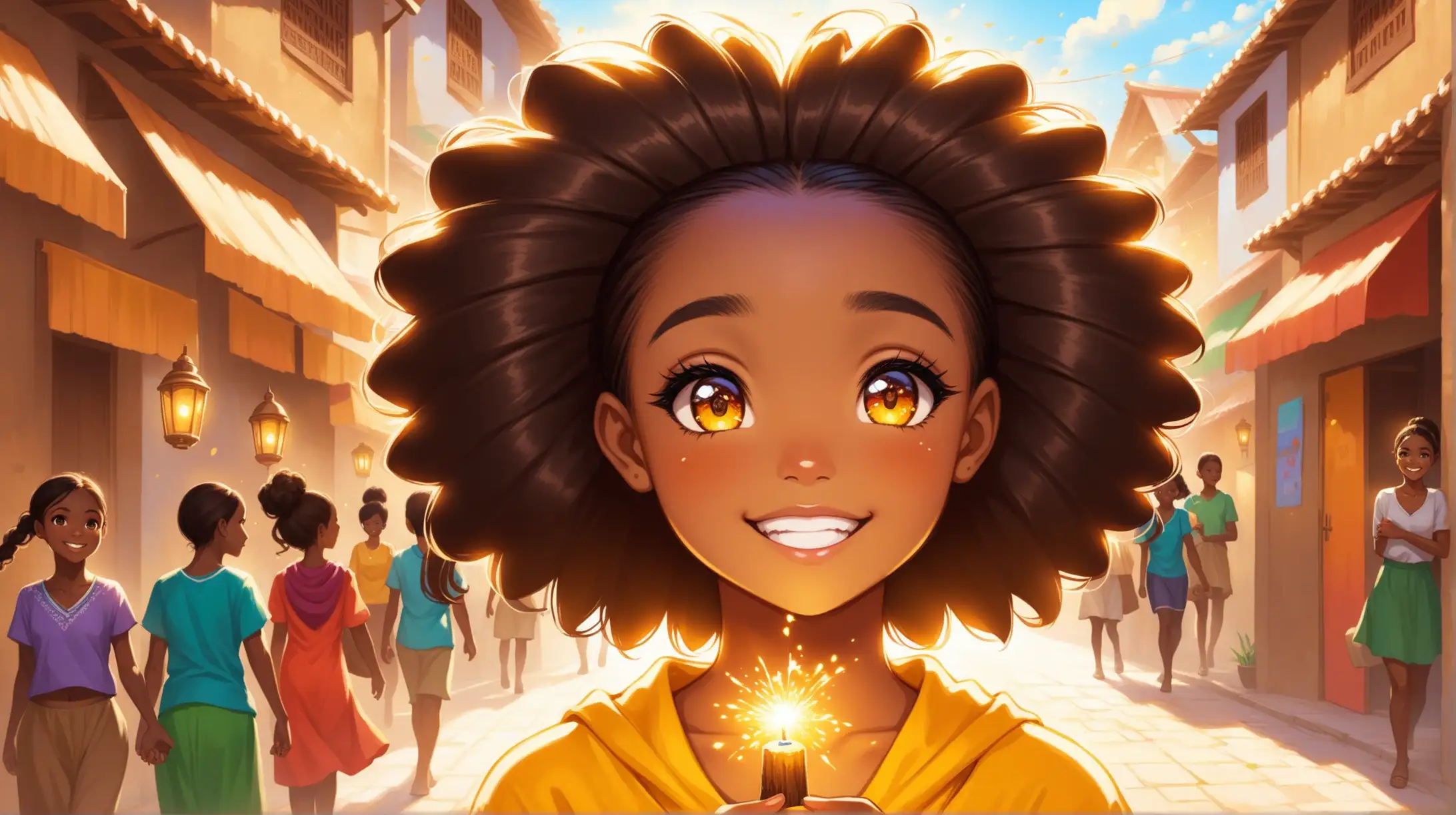 Lily a cheerful light skin ebony girl with a spark of kindness in her eyes, is helping people of different backgrounds and cultures, each scene showcasing a different act of kindness