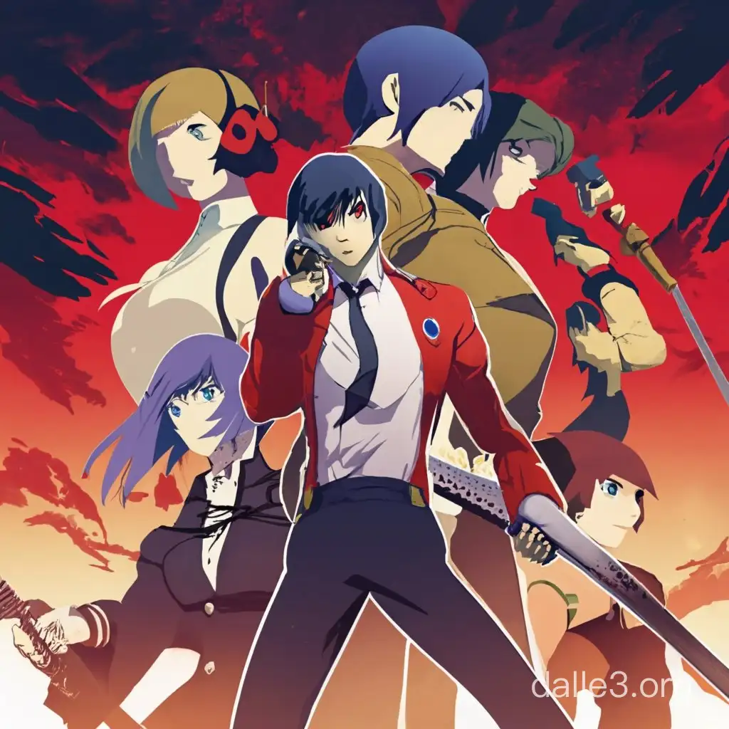 persona 3, game cover, {{muscles}}, {{fighting monsters}}, red sky, sword