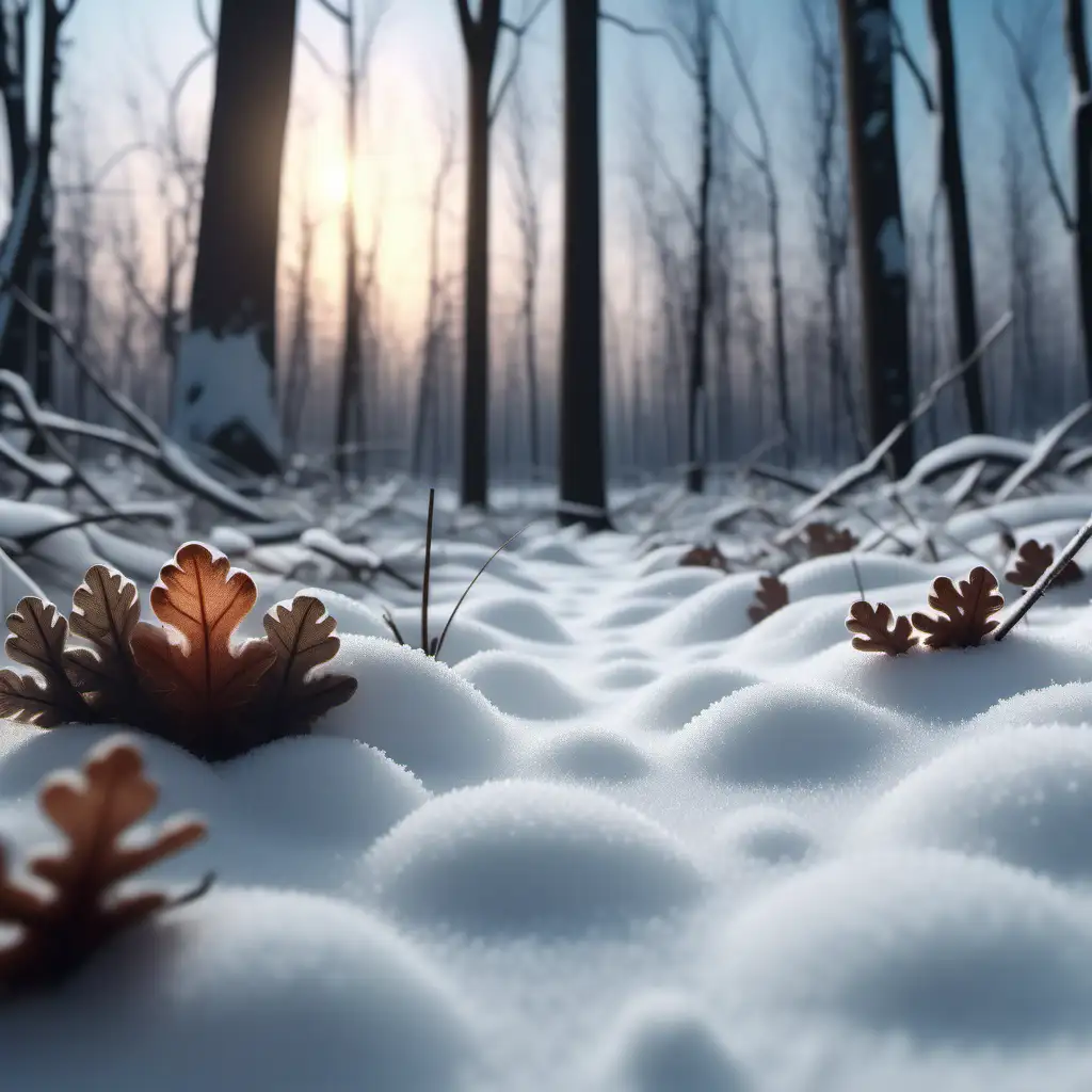 A scenic snowy forest landscape. forest floor in the front, small marks in the snow from a mouse, twilight atmosphere, 1080f resolution, ultra 4K, high definition, volumetric light
