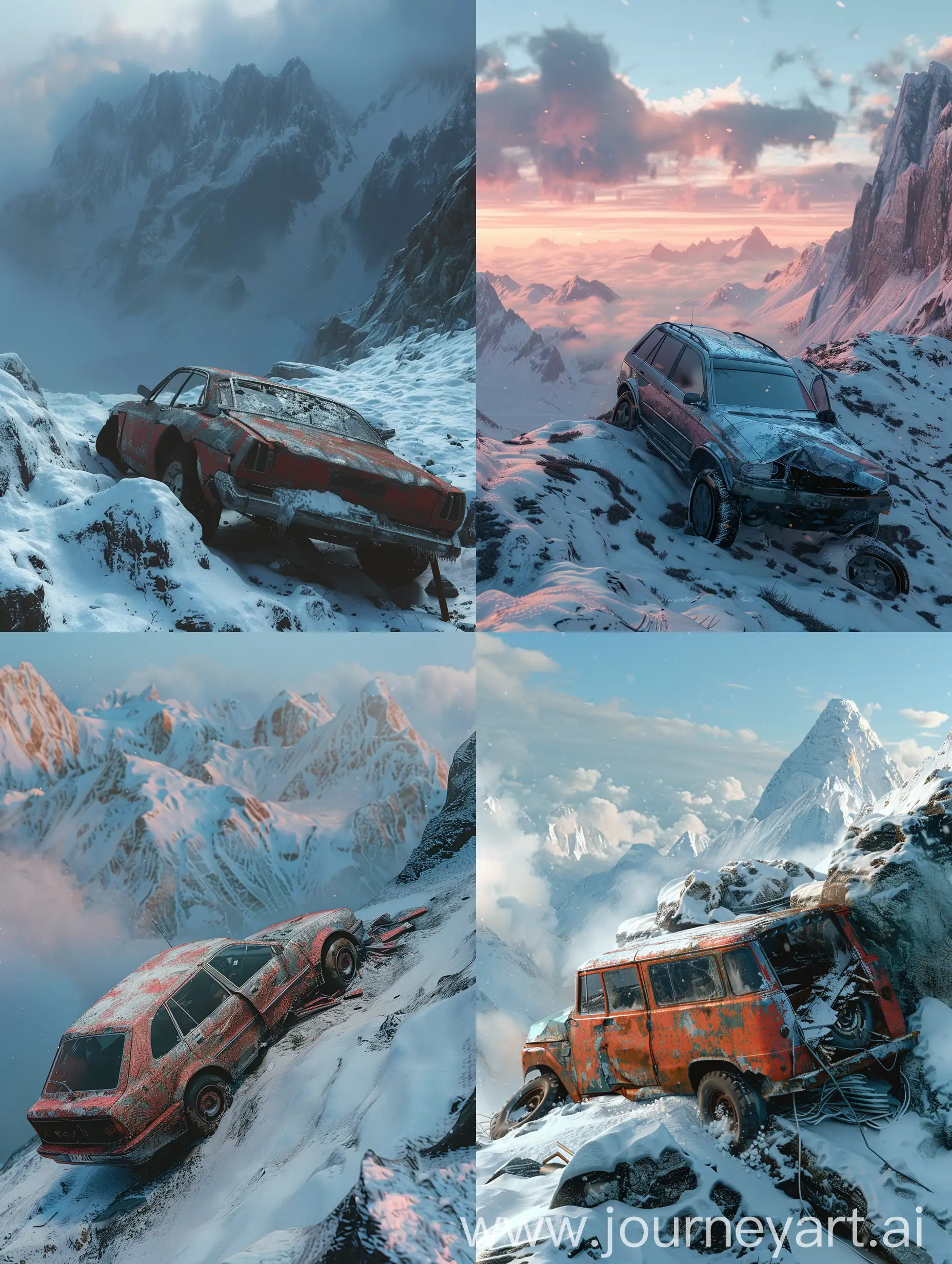 Snowbound-Morning-cinematic-4K-HD-realistic-car-on-mountain-peak